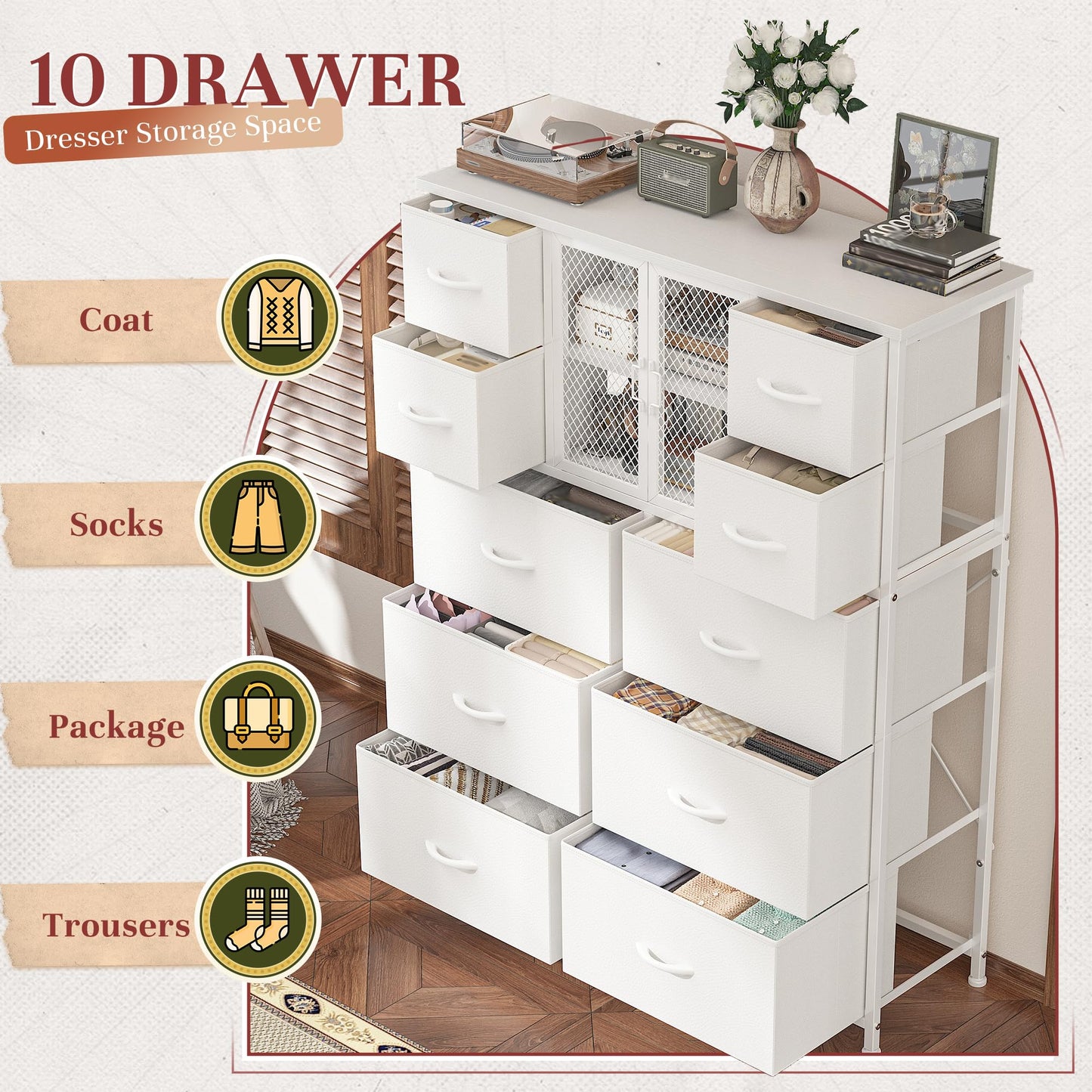 Romorgniz White Dressers for Bedroom with 10 Drawers, Tall Dressers & Chests of Drawers with Large Metal Mesh Door, Closet, Hallway 48.2" H x 38.1" W x 11.8" D