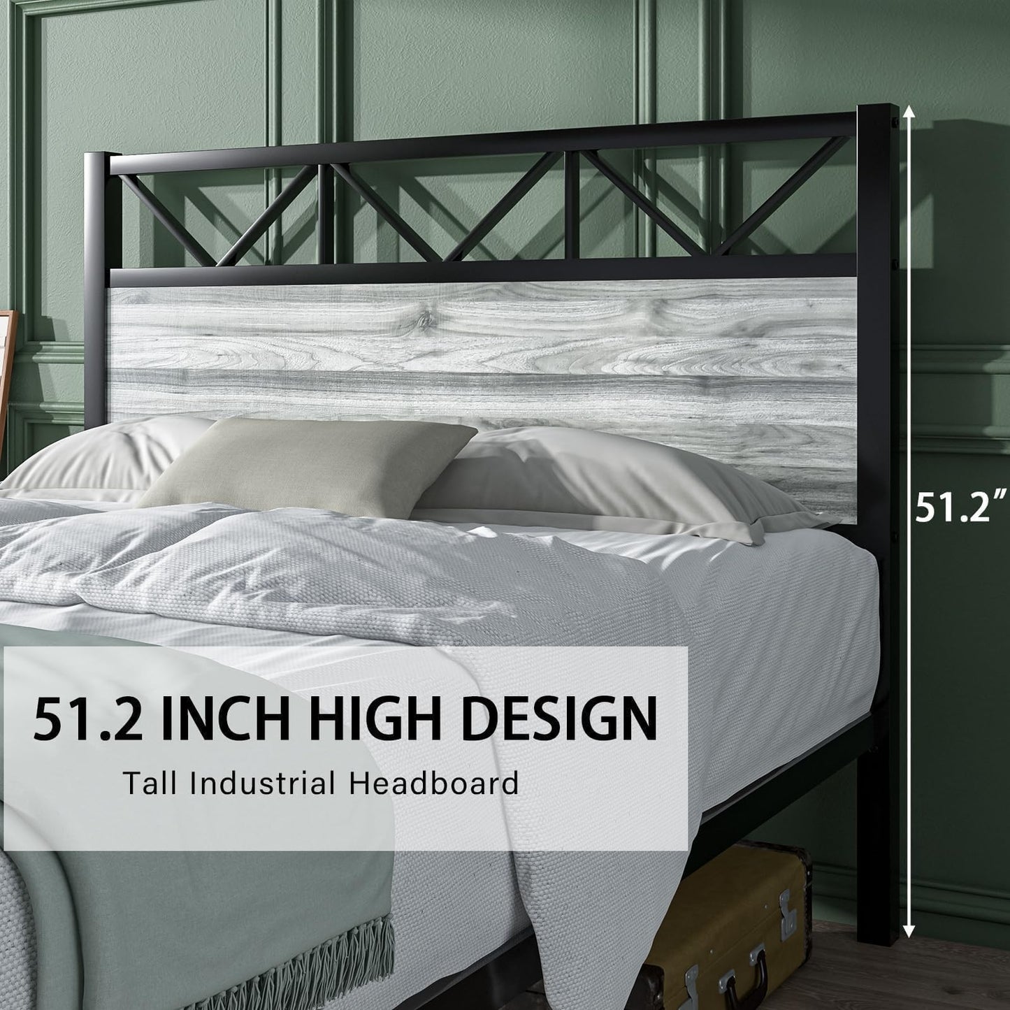 CHABUILDREARK King Bed Frame and Headboard, Industrial 51.2" Tall Headboard, King Platform Bed Frame with Heavy Duty Metal Slats Support, No Box Spring Needed, Noise-Free, Easy Assembly, Wash Grey