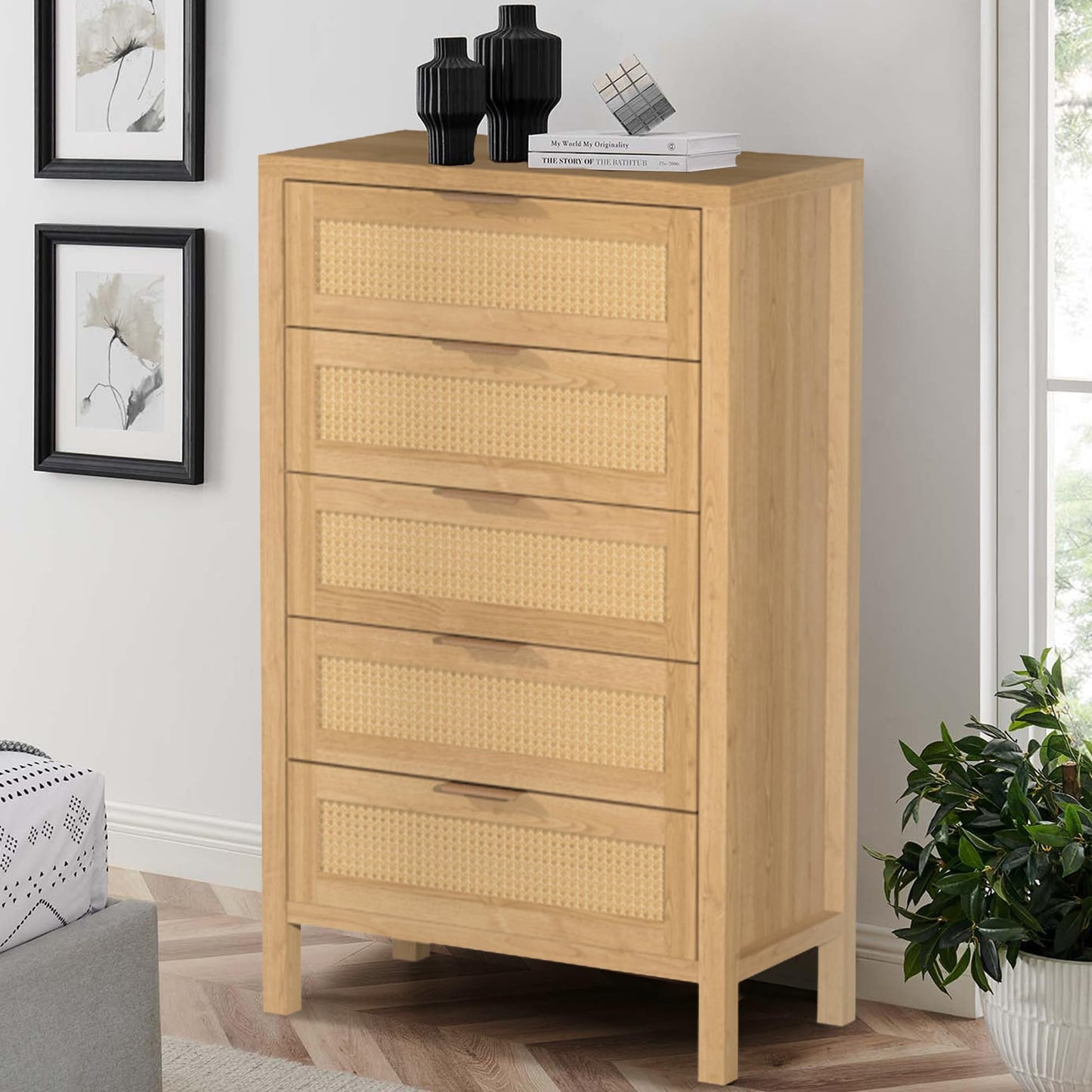 BTDWI Wood 5 Dresser for Bedroom, Wide Rattan Drawer with Gold Handle for Bed Room, Hallway, Rustic Oak