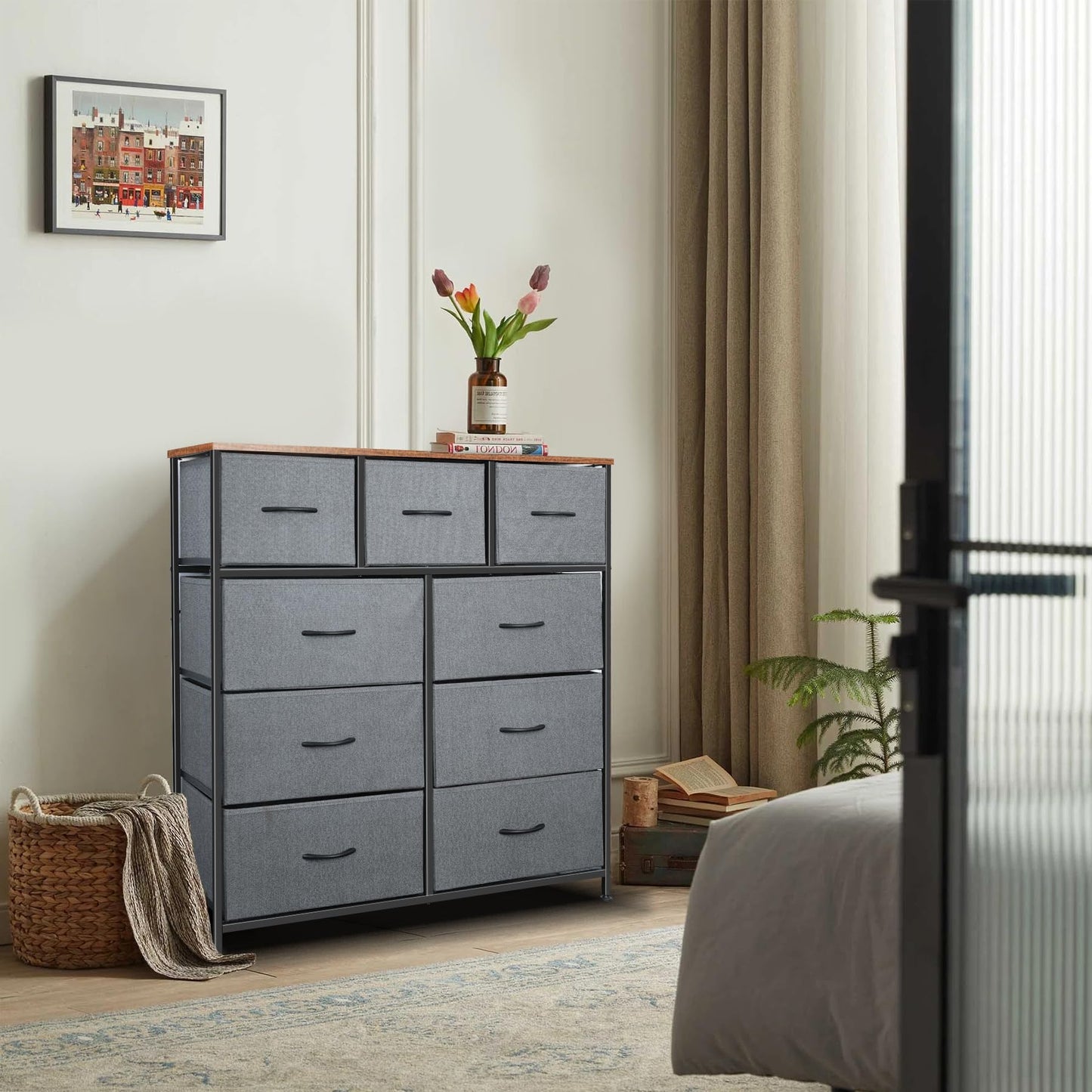 Sonharlar Dresser for Bedroom with 9 Drawers, Chest of Drawers, Storage Drawers Organizer Unit, Grey Wide Fabric Dresser with Fabric Bins for Closet, Living Room, Entryway (Grey and Rustic Brown)