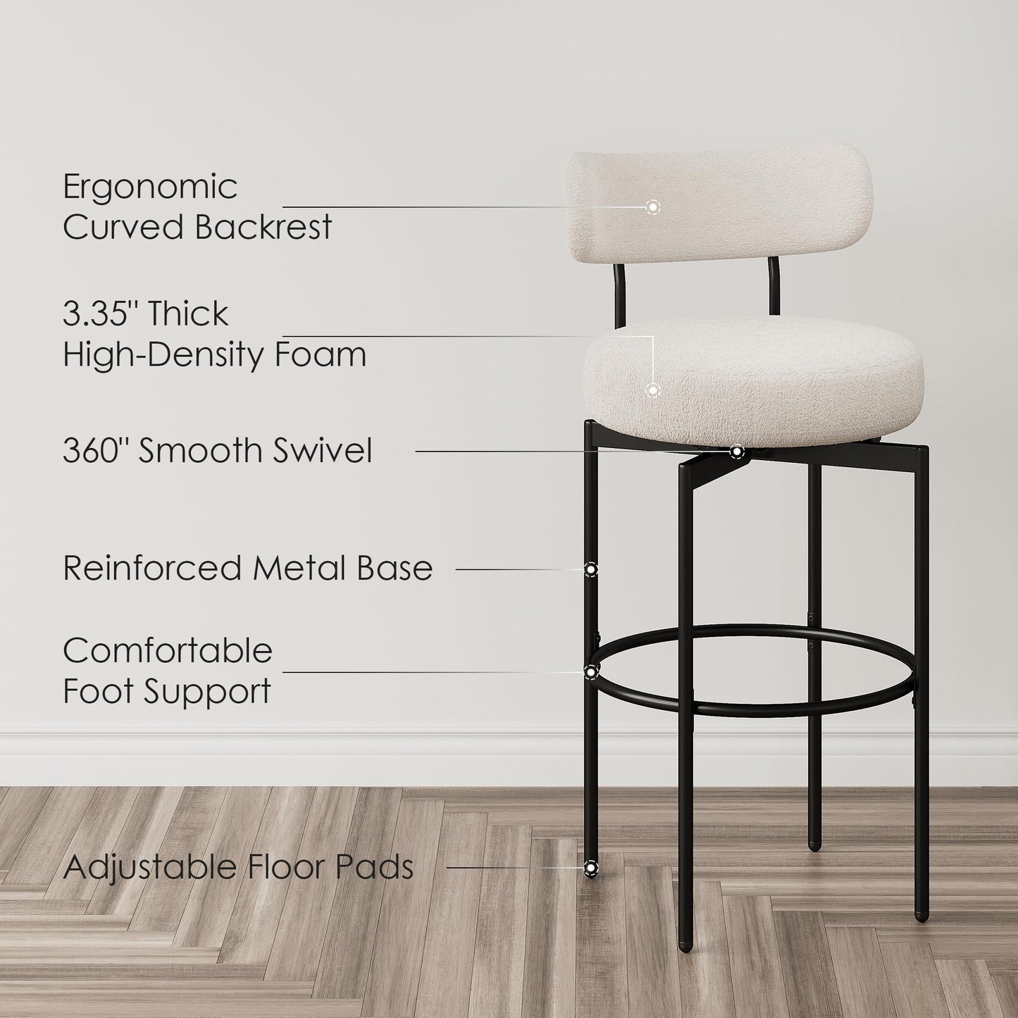STHOUYN Counter Height Bar Stools Set of 2, White Swivel Bar Stools with Back, Modren Kitchen Island Chairs (1, White)
