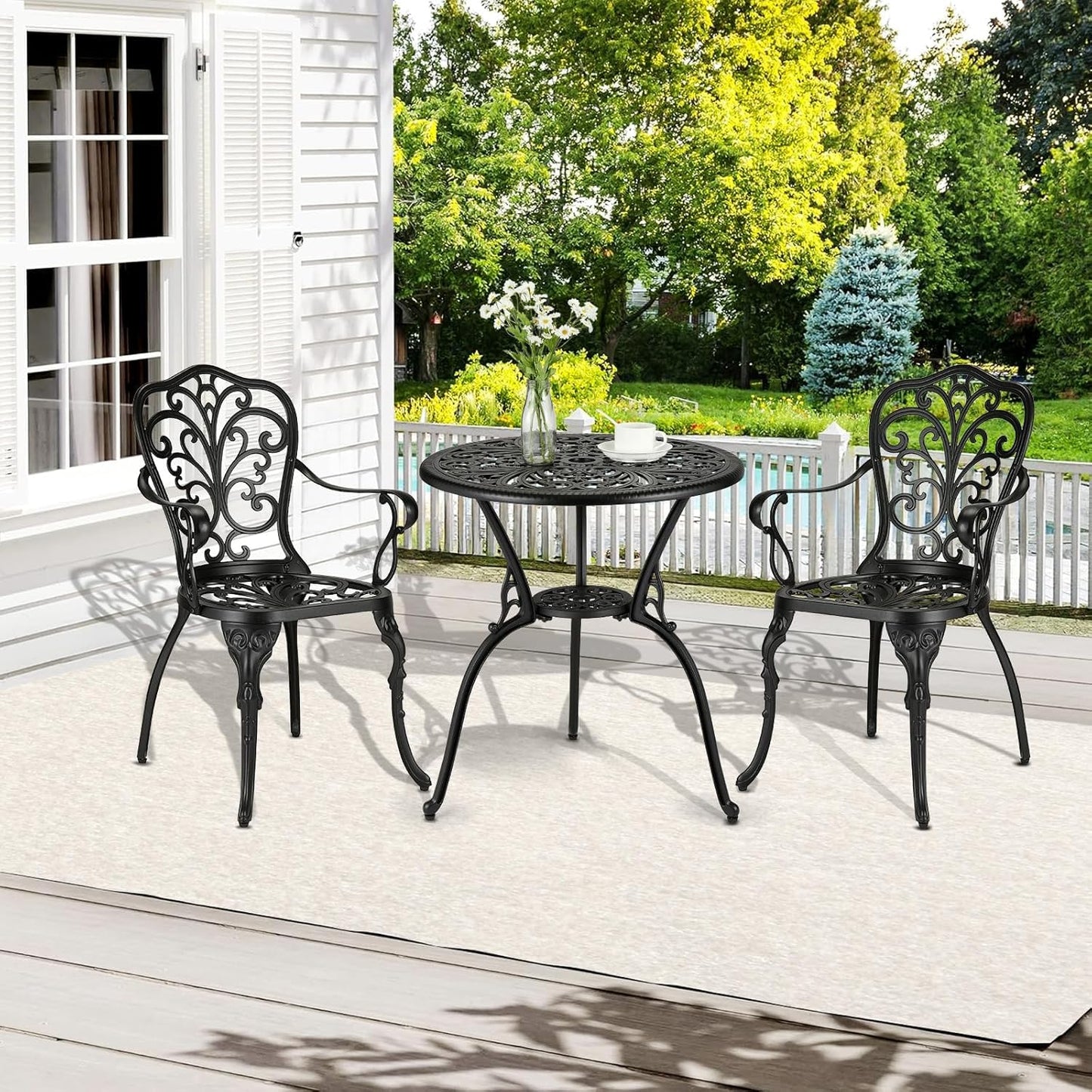 GarveeHome 3 Piece Outdoor Bistro Set, Cast Aluminum Patio Table and Chairs Set of 2 with Umbrella Hole, Rust-Resistant All Weather Balcony Furniture for Backyard, Porch, Black
