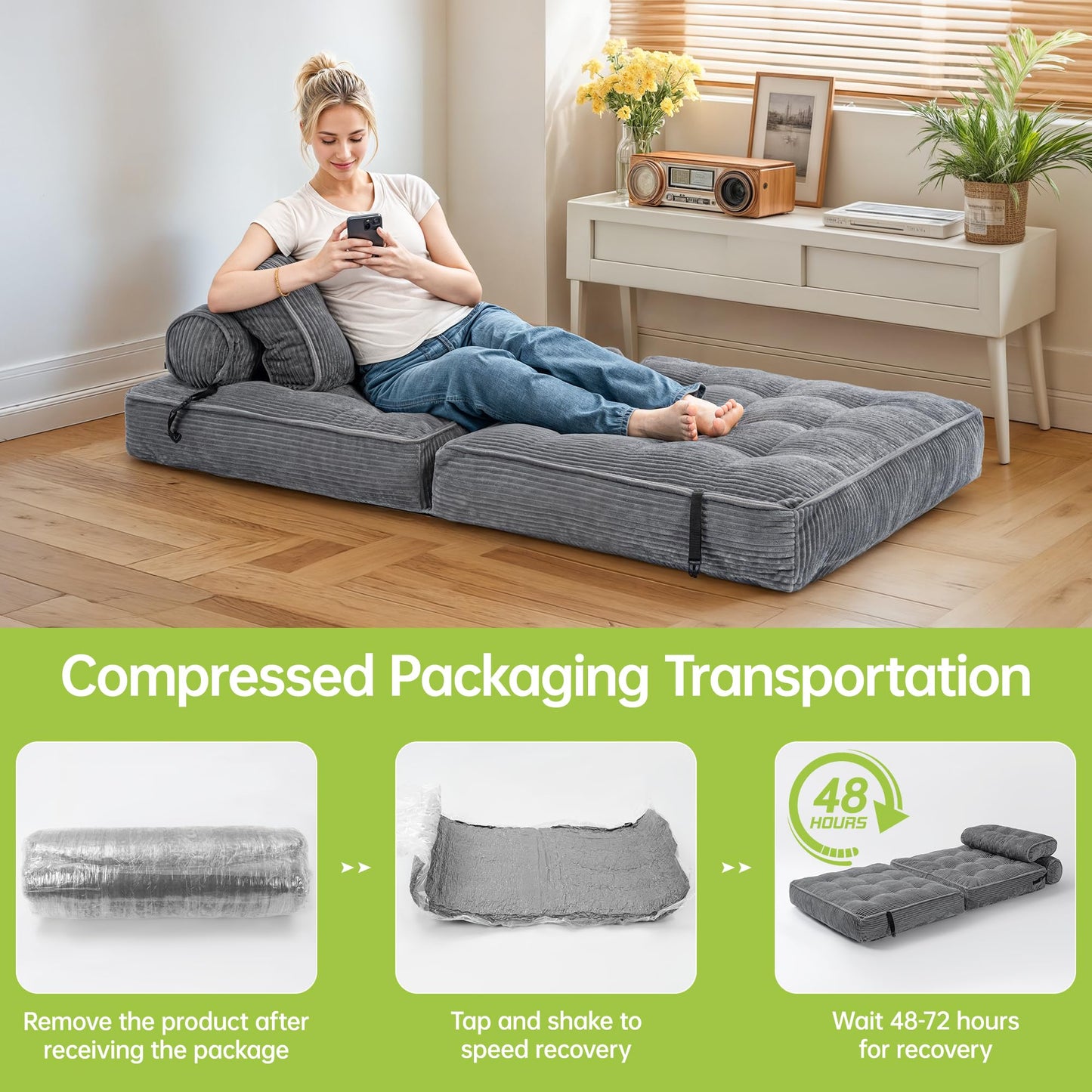 PulseFay Folding Sofa Bed, Convertible Foldable Chair Bed, Floor Couch for Adults, Comfy Floor Sofa Small Couches for Small Spaces, Gray