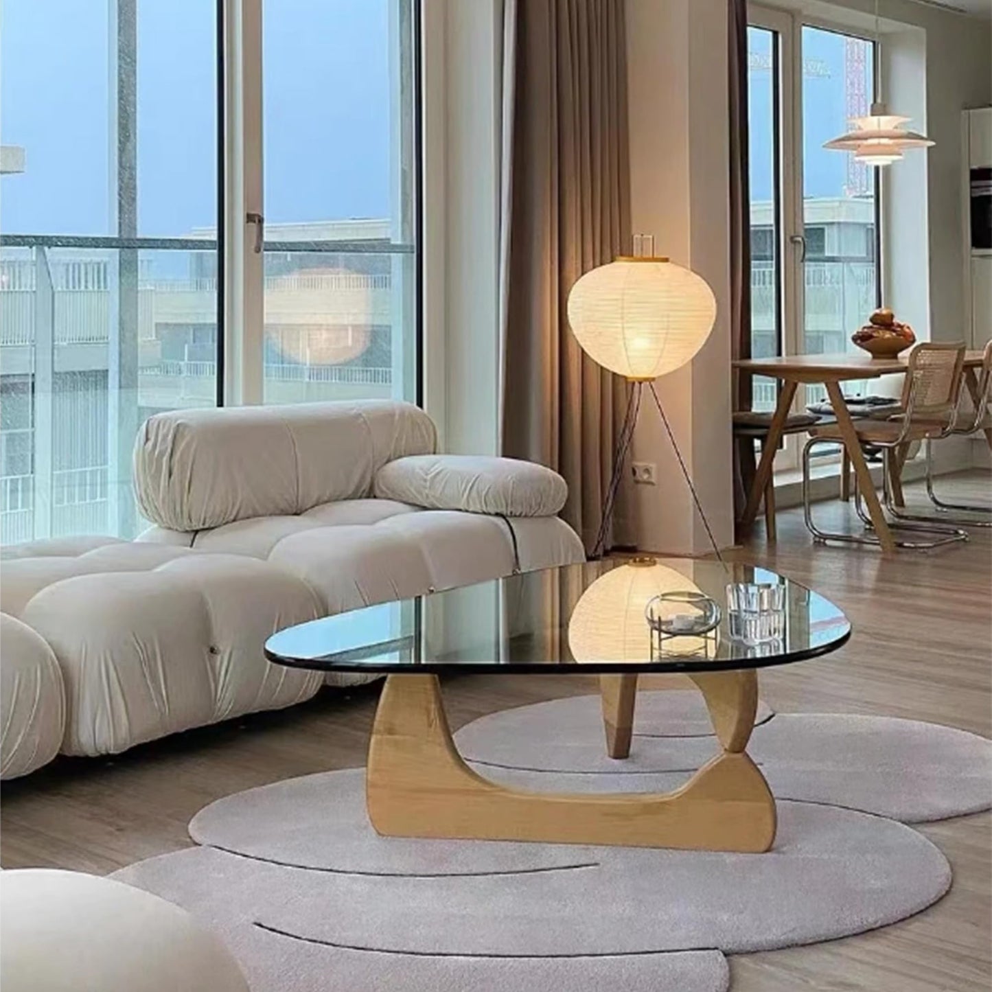 EASYSOUL Modern Glass Coffee Table, 32.68" D x 22.44" W x 15.75" H, Abstract Round Tea Tables for Living Room Home Office Industrial Cocktail Tables (Log-Clear Glass, 32.68")