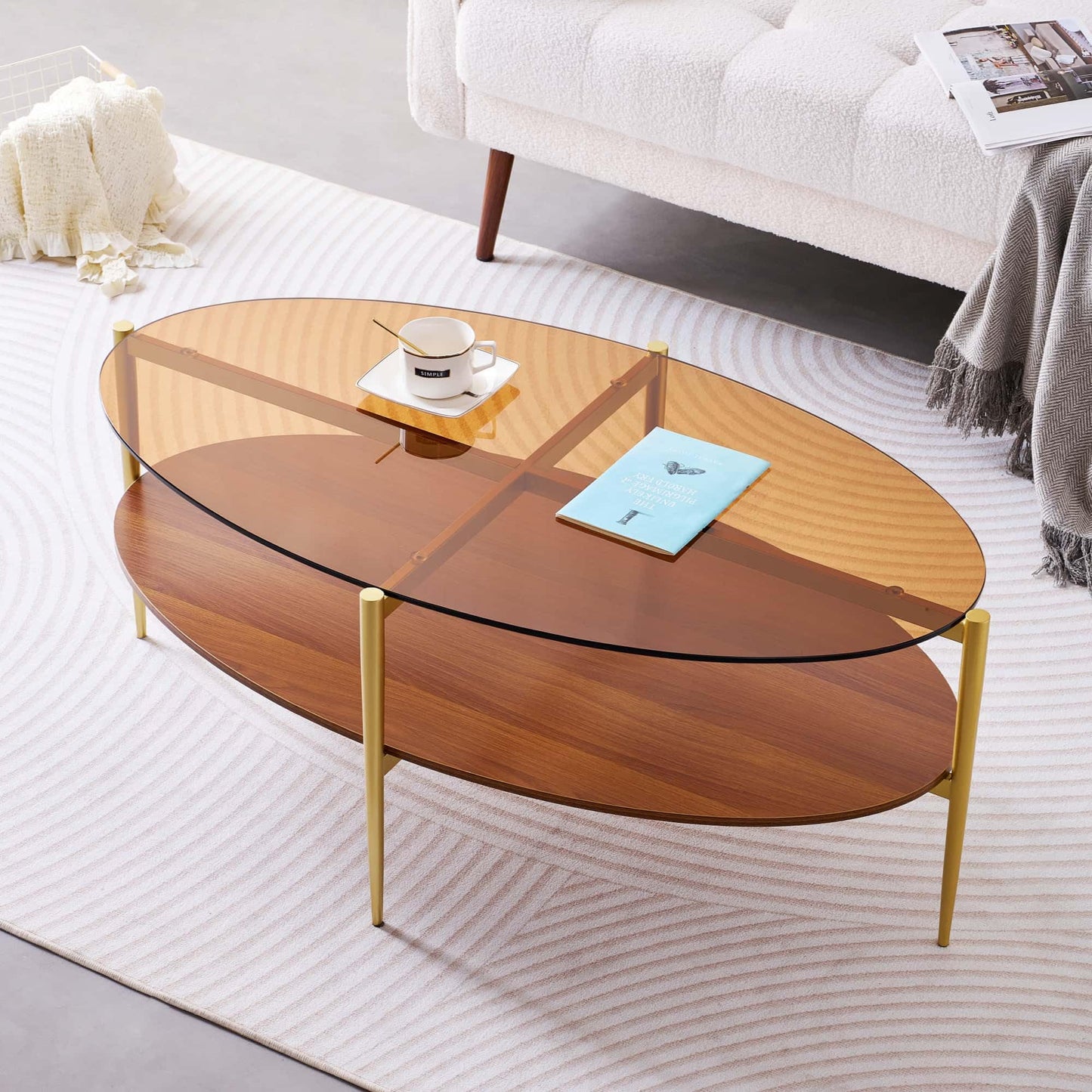 LumFurn Oval Glass Coffee Table, Mid-Century Modern Design, L43 x W22 x H17 inch, 2-Tier Structure, Olive Shaped Amber Glass Top and Walnut Finish Wood Shelf, Tapered Legs with Gold Finish Frame