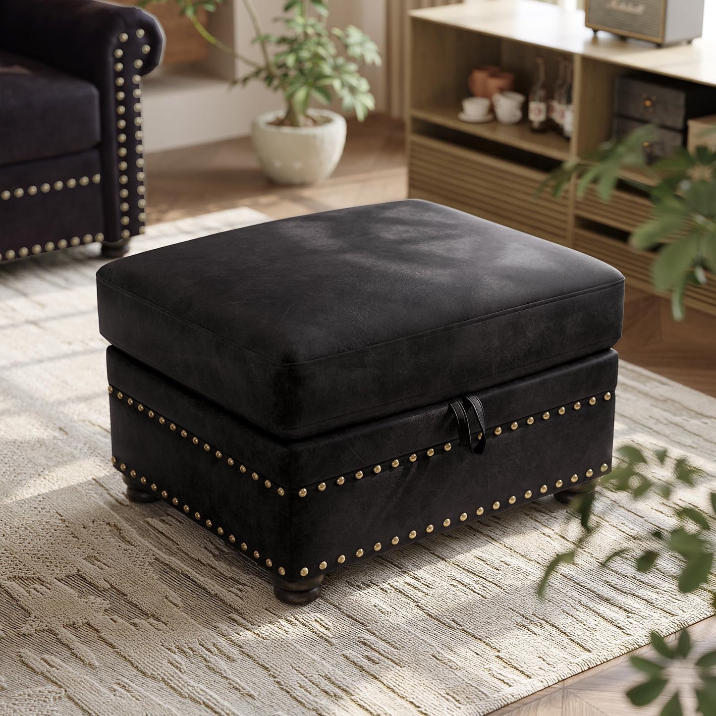 ONBRILL Faux Leather Ottoman with Storage, Rectangle Ottoman Coffee Table with Nailhead Trim, Solid Wood Legs, Oversized Upholstered Footrest Stool for Living Room, Bedroom, Apartment, Black