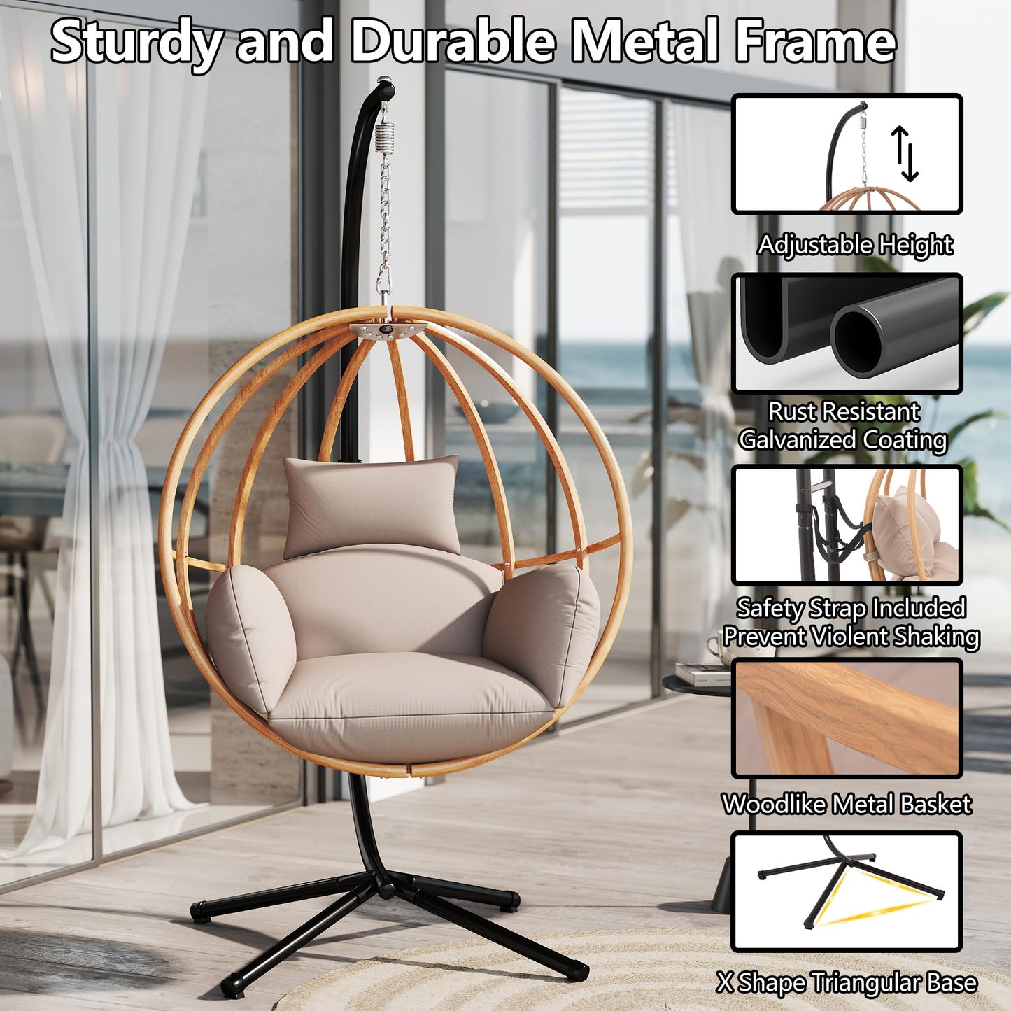DAYARUS Hanging Chair with Stand, Imitation Rattan Egg Cahir Outdoor, Hanging Egg Chair with Stasnd, 80" High Egg Swing Chairs Indoor, All Weather Balcony Basket Swing Chairs for Balcony, Khaki