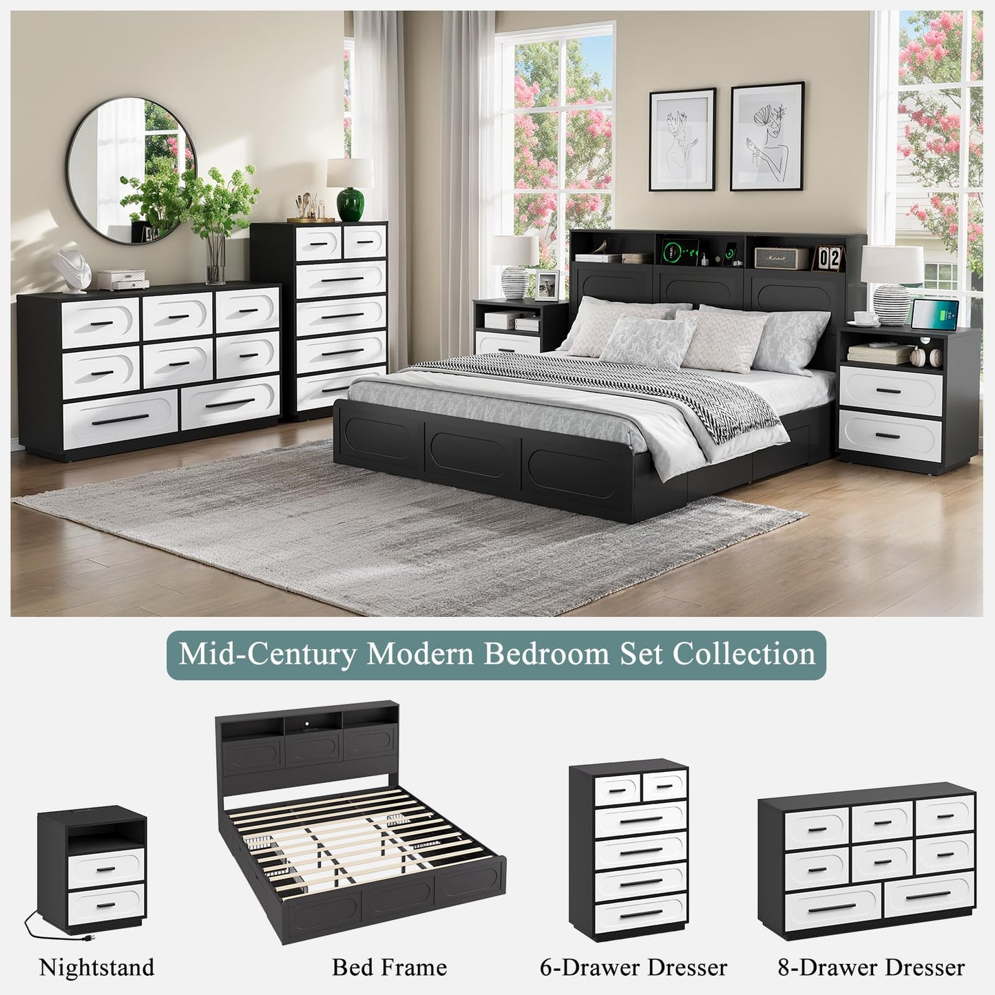 Modern Black King Size Bed Frame with 4 Storage Drawers, 48" Tall Storage Headboard with Charging Station, Platform Bed with LED Lights, No Box Spring Needed, Easy Assembly