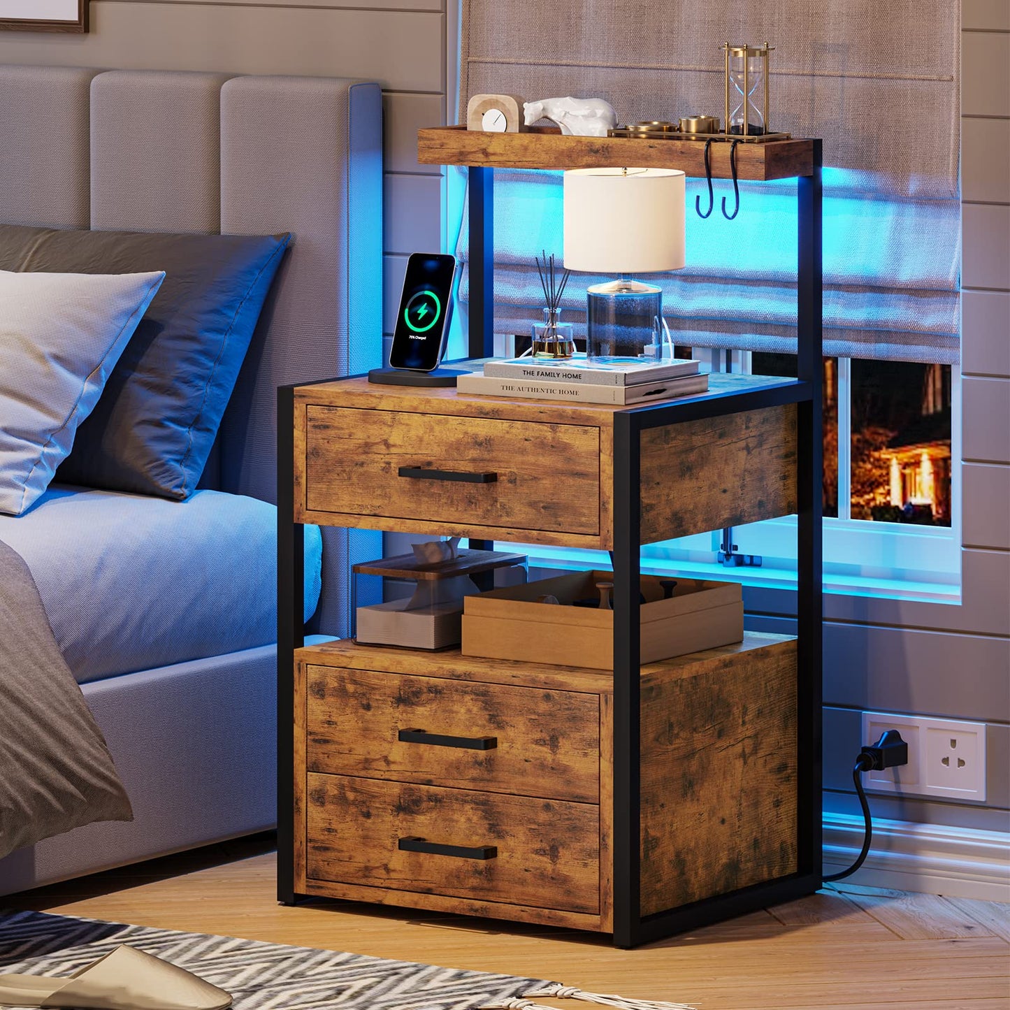 AOGLLATI Nightstand Set of 2 with Charging Station and LED Lights, Bedside Table with 3 Drawers and Open Storage Shelves, 2 USB Ports and 2 AC Outlets, LED Night Stand for Bedroom, Rustic Brown