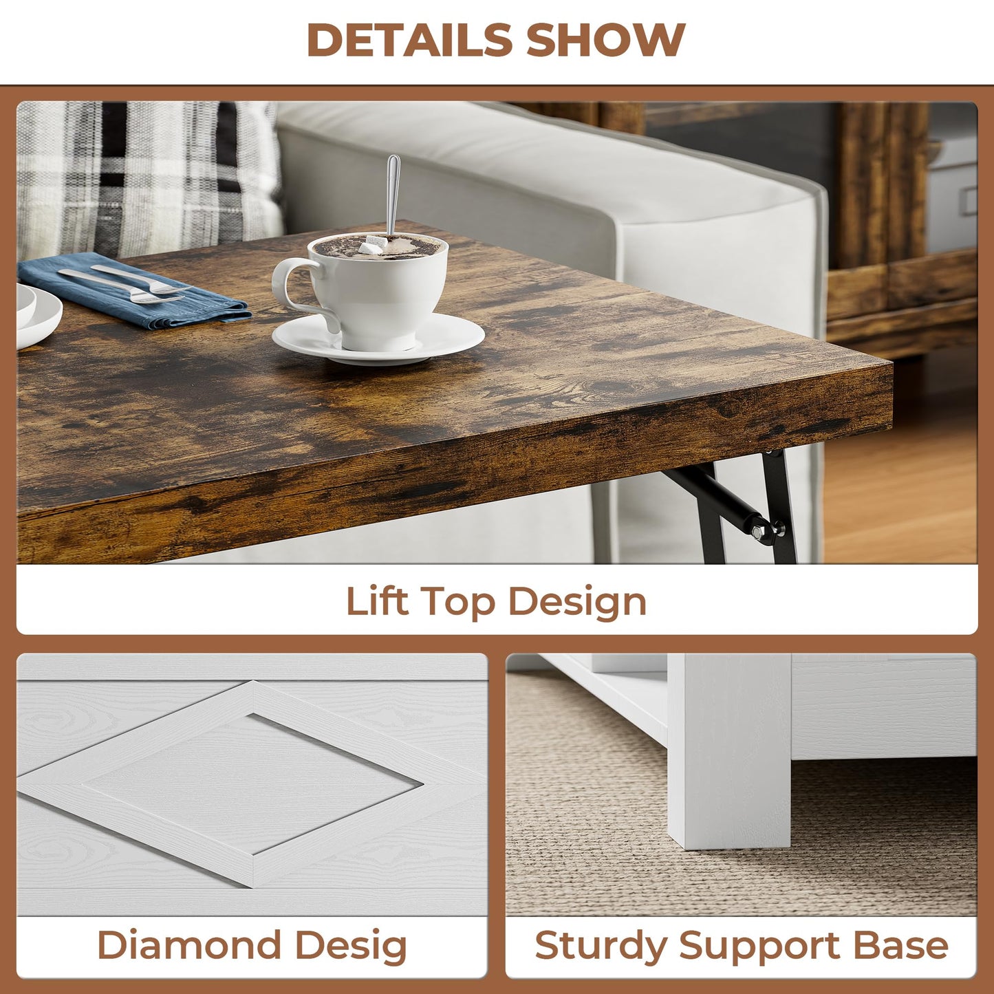 IRONCK Lift Top Coffee Table with Storage, Square Coffee Tables for Living Room with Charging Station and Drawers, Farmhouse Coffee Table with Large Storage Space, White
