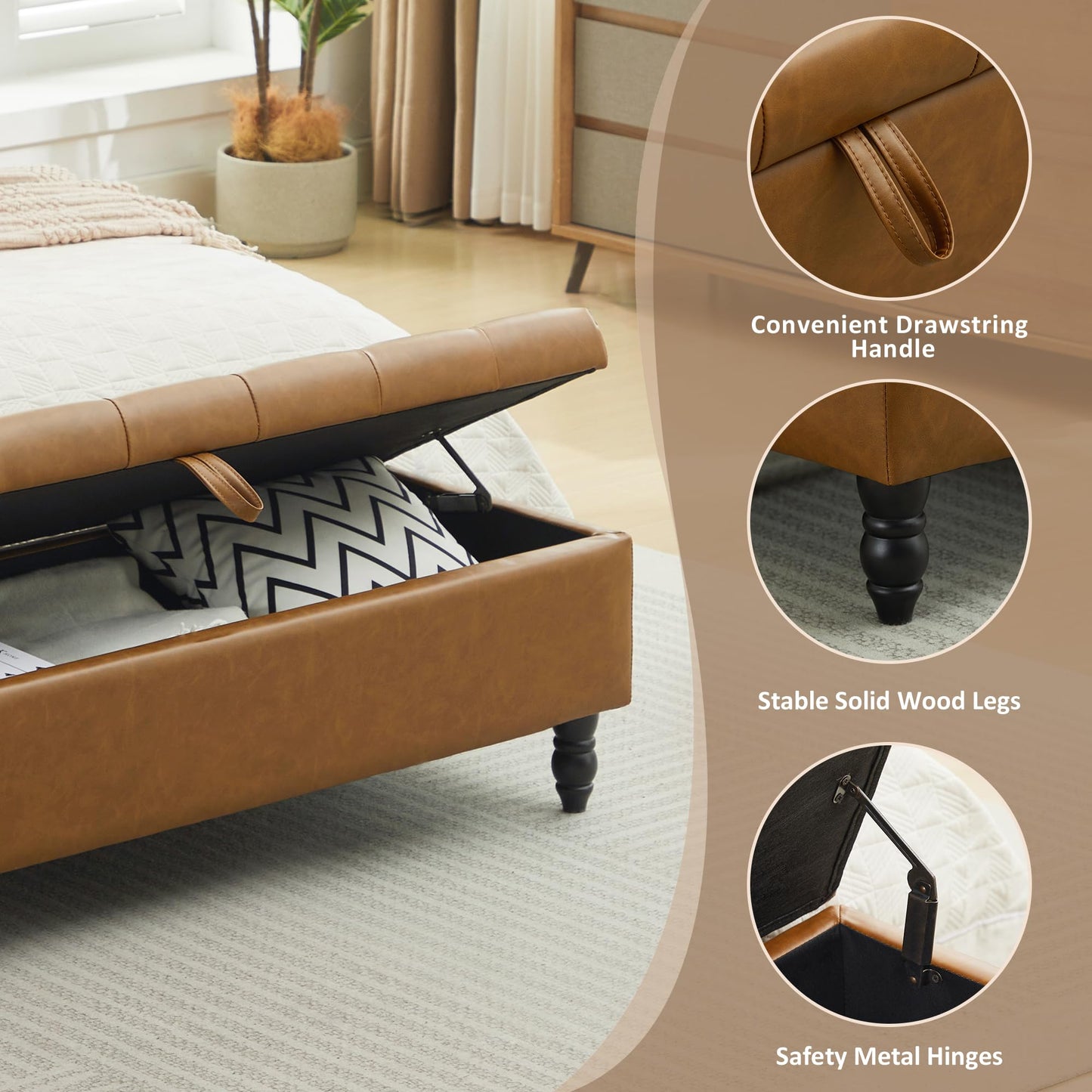 Hicosit 51 Inch Ottoman, Storage Bench Foot of Bed, Faux Leather Large Rectangular Upholstered Footstool for Bedroom End of Bed, Living Room, Entryway (PU Brown)
