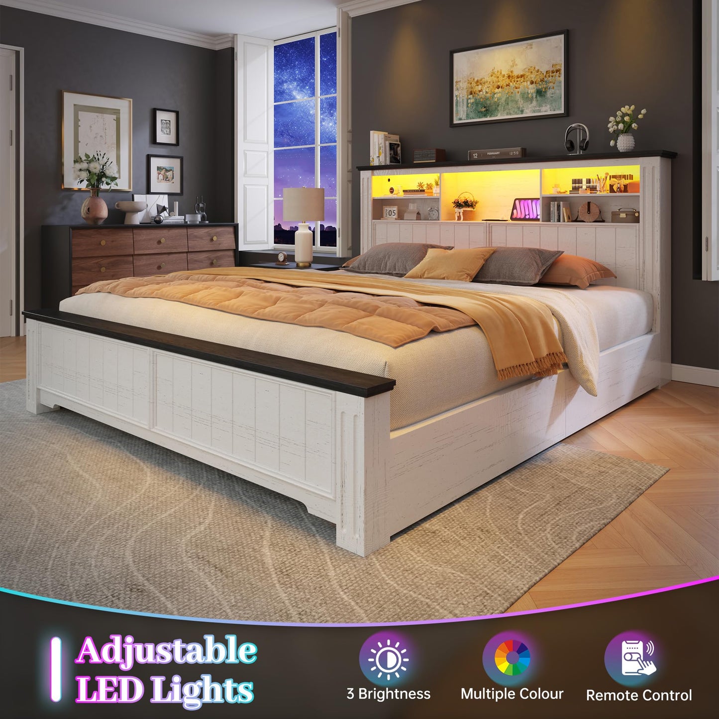 EnHomee Queen Bed Frame with Headboard, Bed Frame Queen Size with 4 Drawers Charging Port & LED, Farmhouse Queen Bed Built in Charging Station,No Box Spring Needed,NO Noise,White with Grain Marks