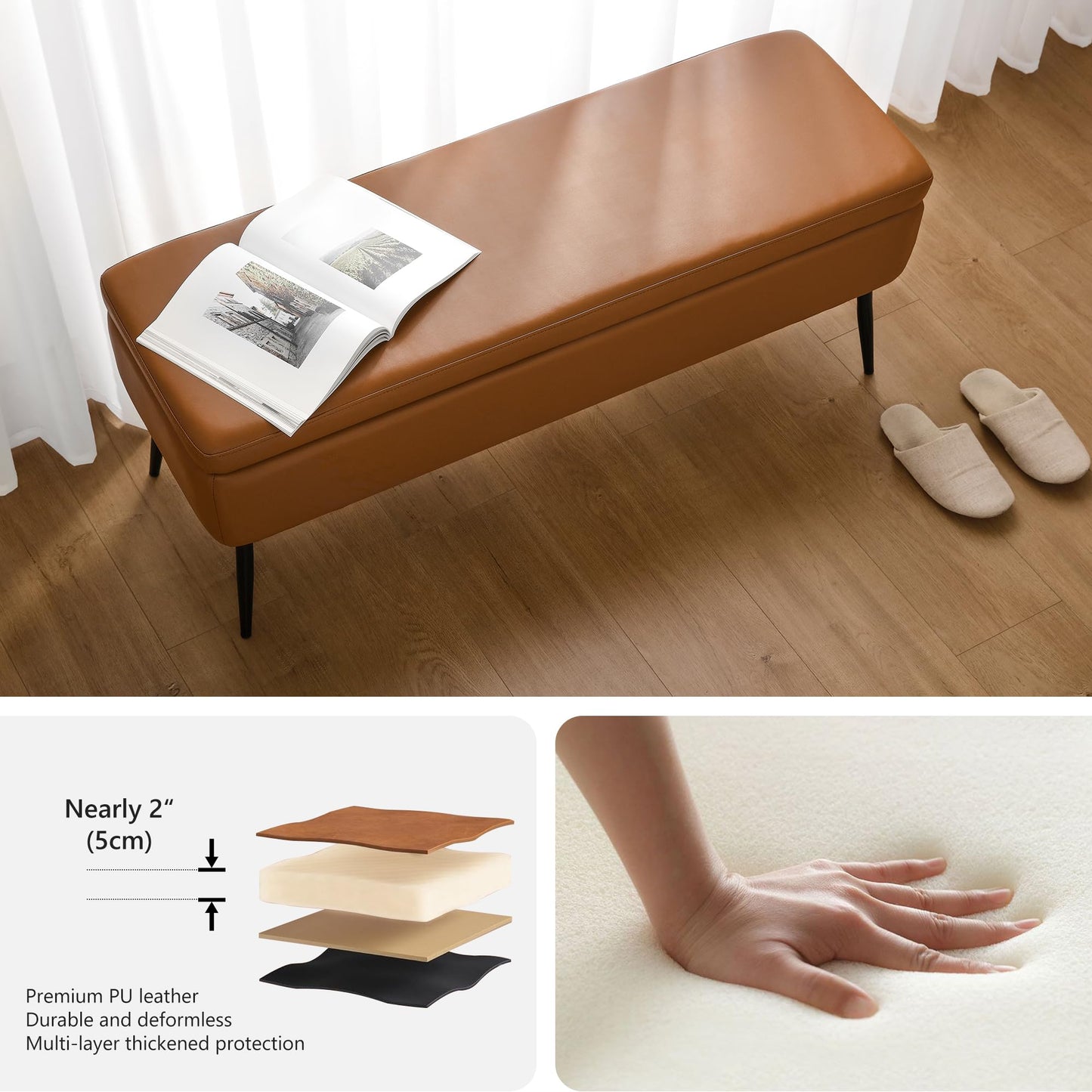 kinmars Leather Storage Ottoman Bench,End of Bed Bench for Living Room Bedroom Dinning Room Entryway,Mid-Century Modern,Faux Leather,with Steel Legs,Safety Hinges,Loads 660 lb (Without Button, Brown)