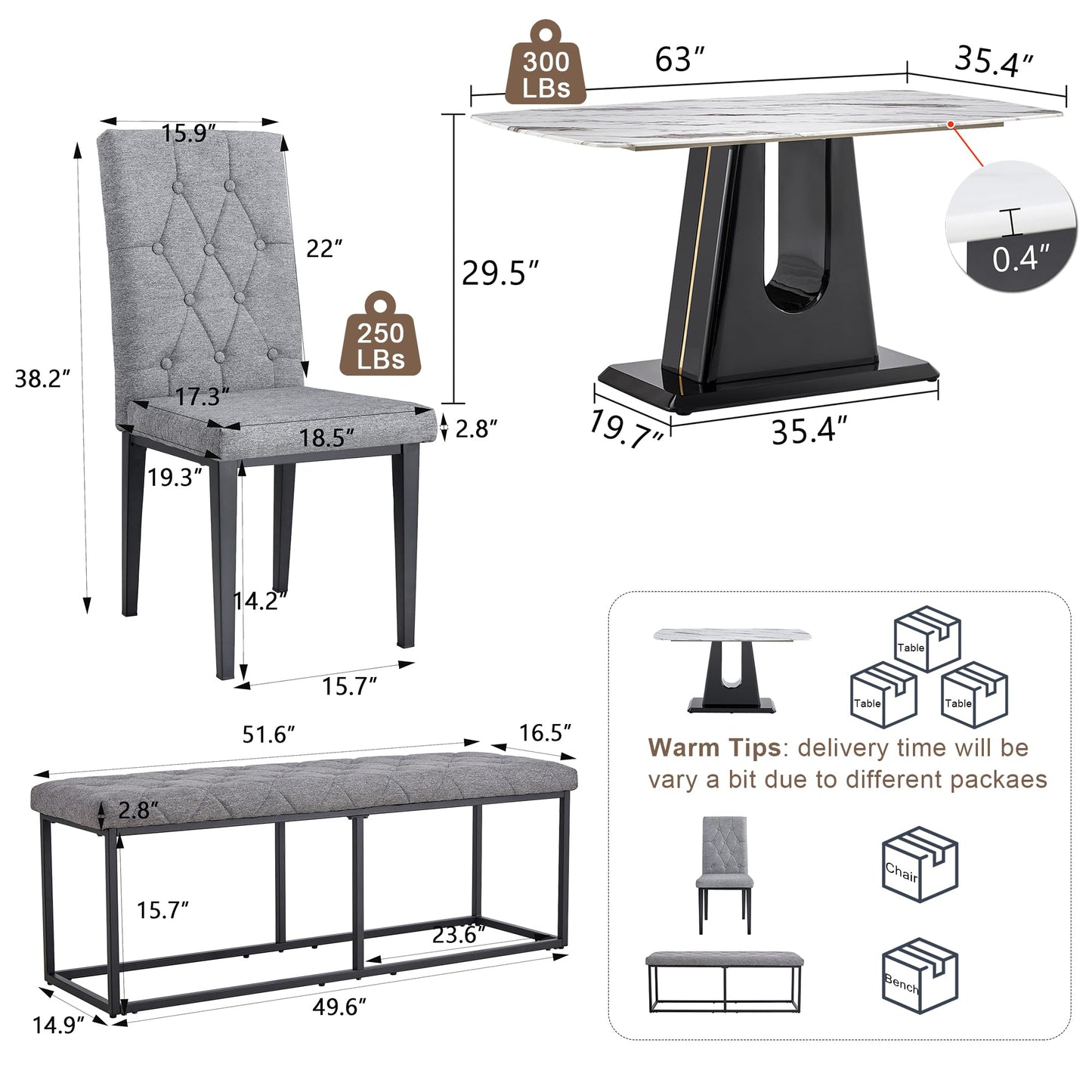 Modern Dining Room Table Set for 6,Marble Dining Table Set with Marble Tabletop,Kitchen Table Set with 4 Linen Tufted Chairs 1 Bench,63'' Kitchen Table Chairs Set for 6,6 Piece Dining Room Table Set