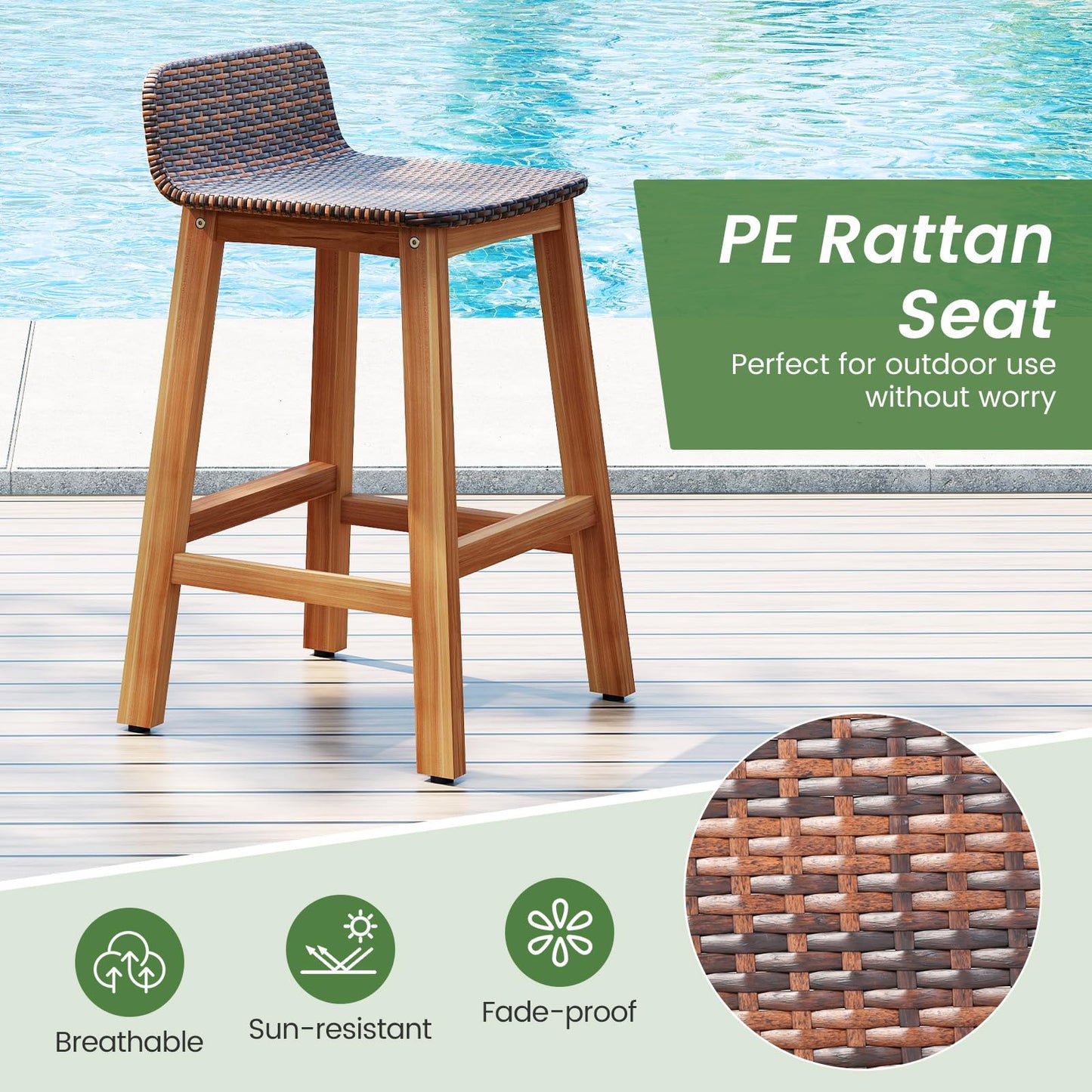 Tangkula Solid Acacia Wood Bar Stools Set of 2, Rattan Bar Height Patio Chairs with Footrests, Outdoor Seating for Porch, Balcony, Garden, Backyard (Mix Brown,1)