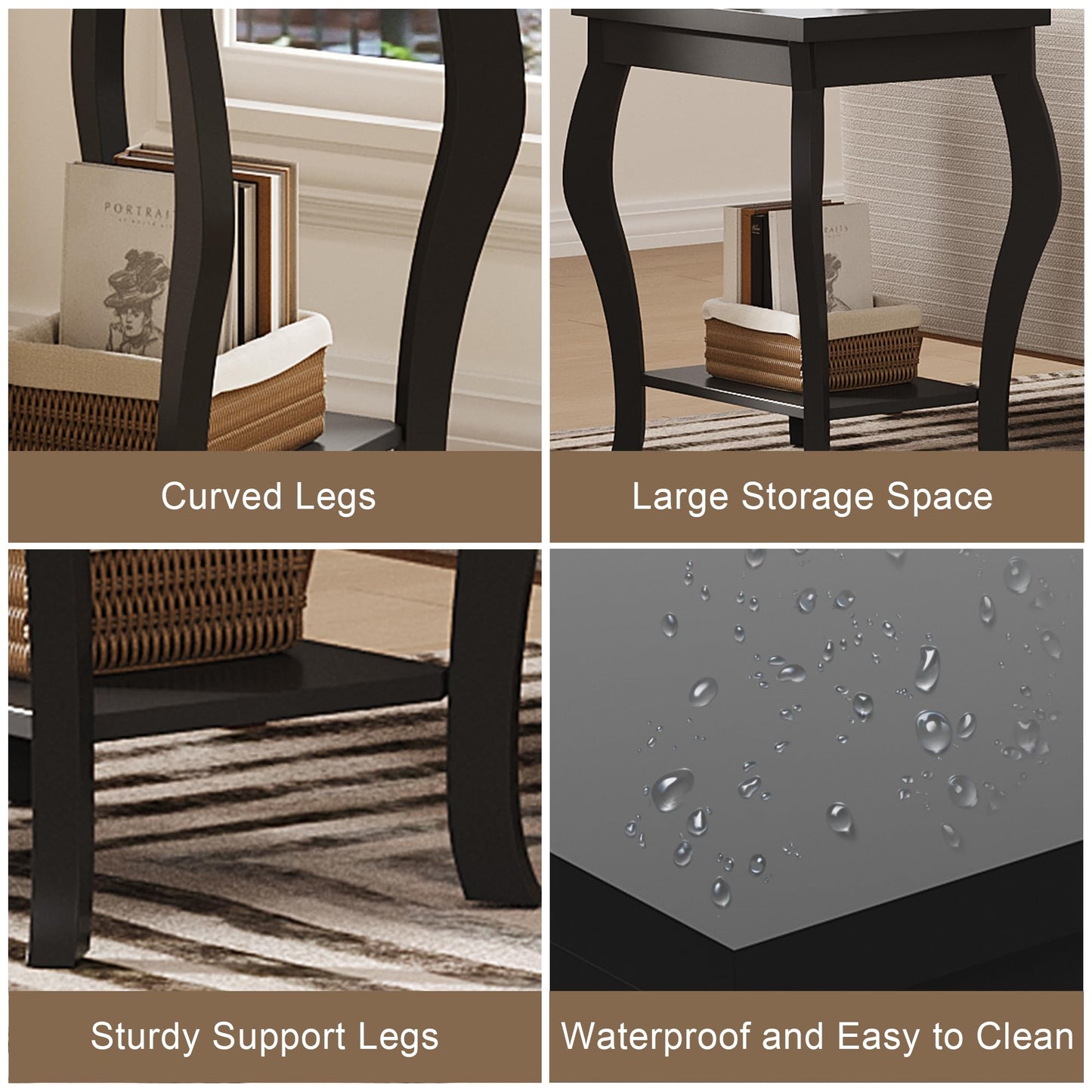 ChooChoo End Tables Living Room, Side Tables Living Room with Curved Legs and Storage Shelf, Small End Tables for Small Spaces, Black