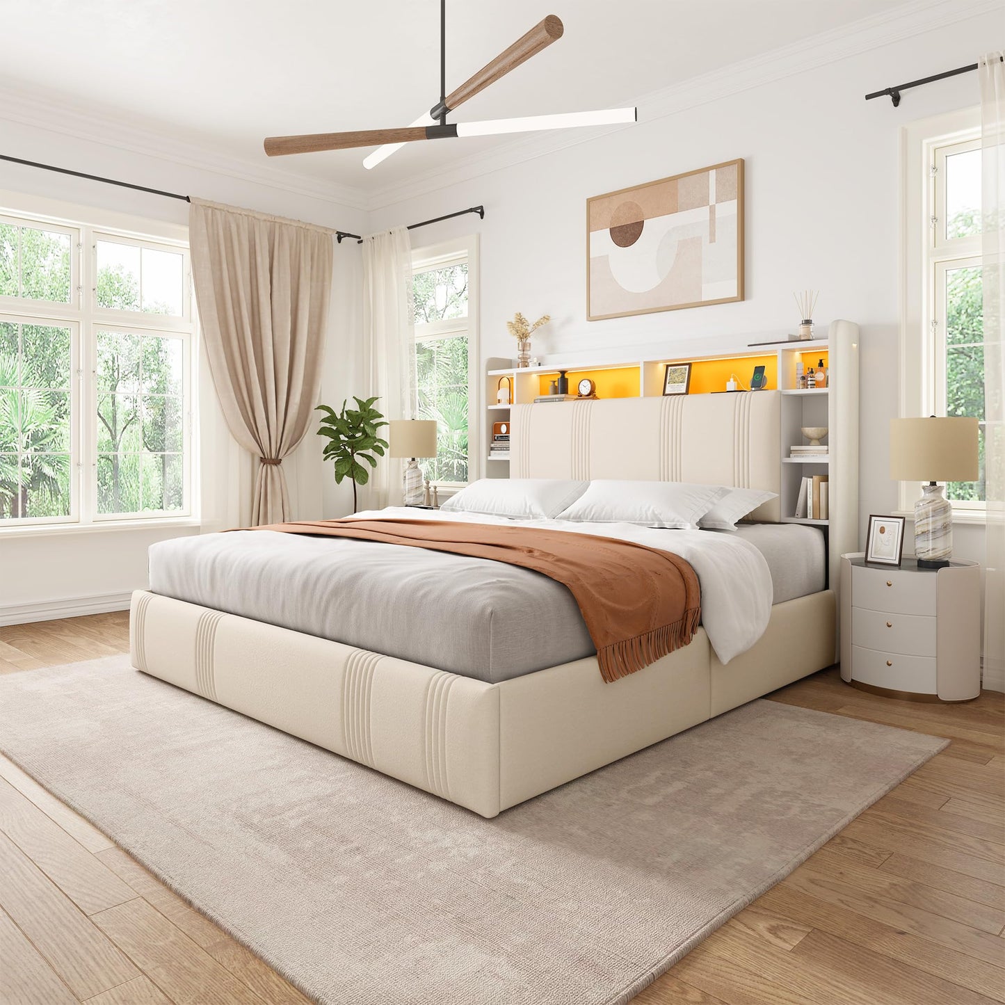 EnHomee Queen Bed Frame with 4 Storage Drawers and Headboard Shelf Upholstered Bed Frame Queen Size with LED & Charging Station, Noise Free No Box Spring Needed, Beige