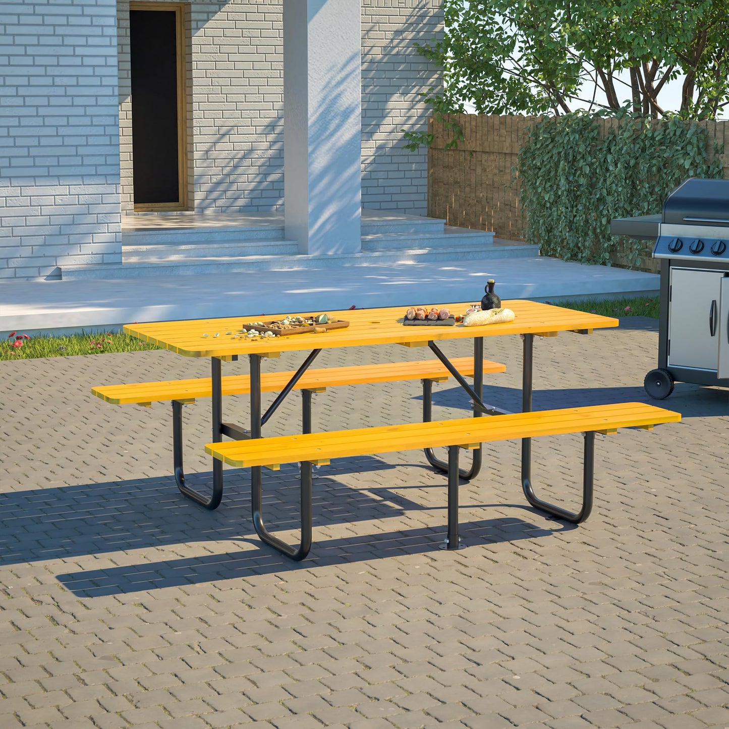 Outdoor Picnic Table with Benches, 6 - Person Picnic Table, Wooden Patio Dining Set, 1.97'' Umbrella Hole, Waterproof and Rounded Corners Design for Backyard, Garden, Park, Restaurant, Picnic, Yellow