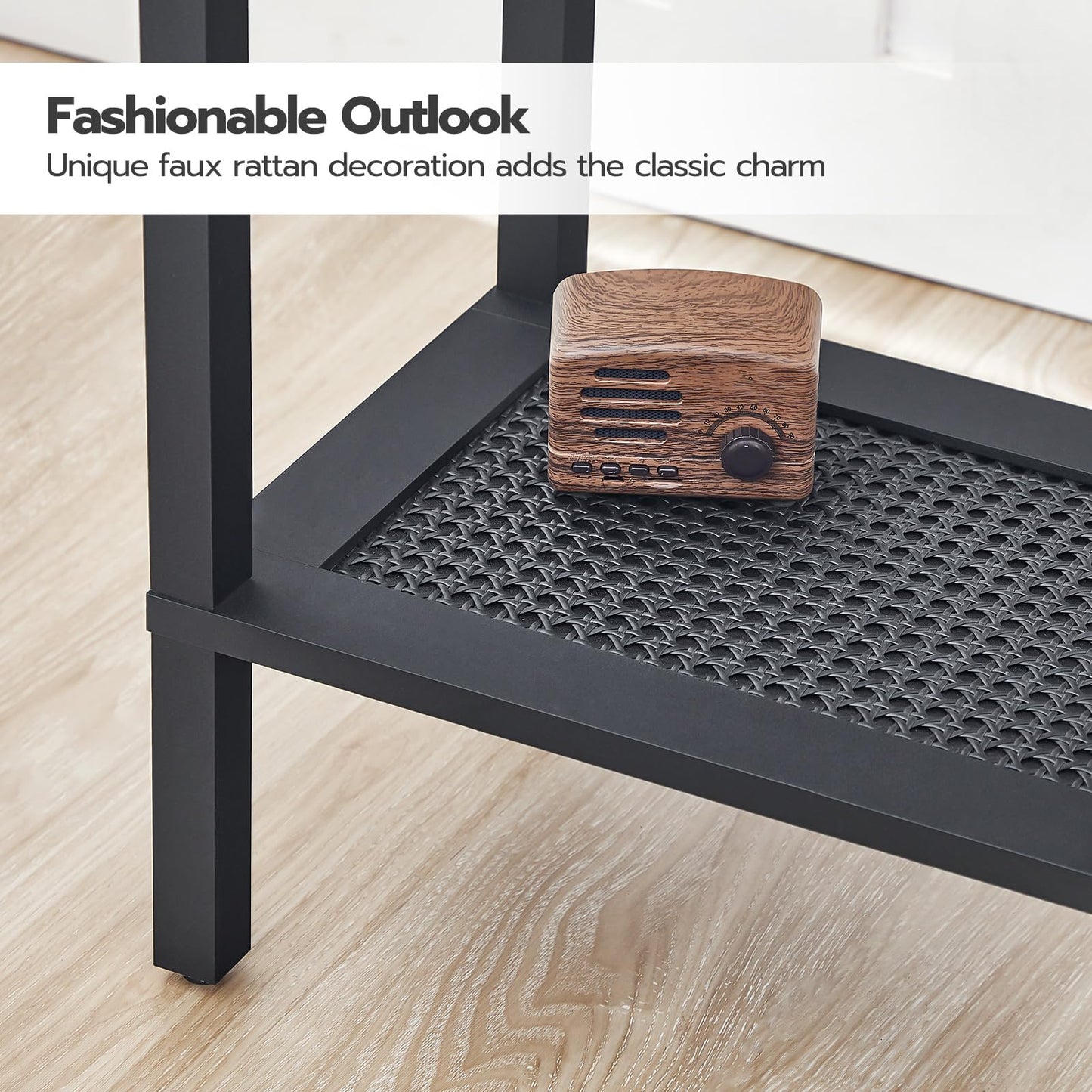 HOOBRO End Tables Set of 2, Small Side Tables with 2-Tier Storage Shelves, Nightstands with Faux Rattan Decoration, for Small Space, Living Room, Bedroom, Black BK91BZP201