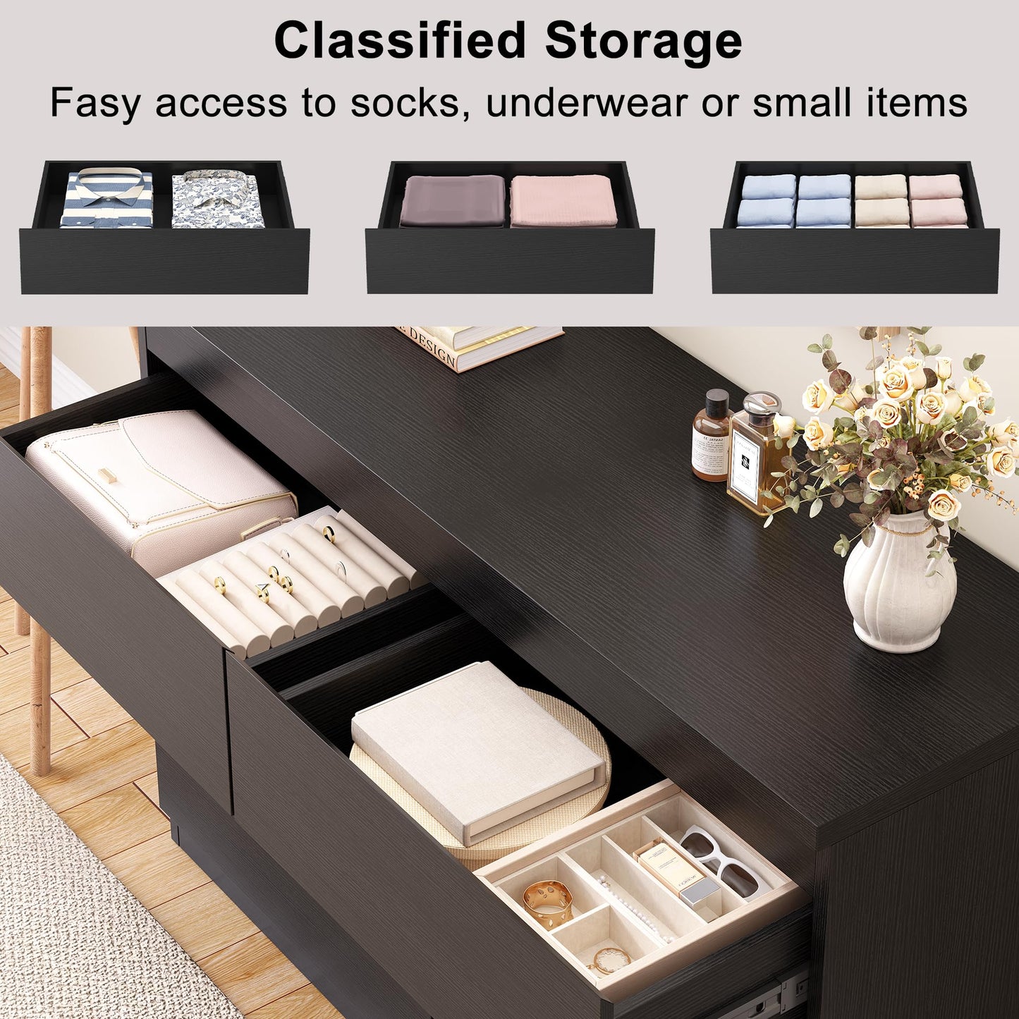 Jocoevol Black 6 Drawer Dresser for Bedroom, 15.3" D x 47.2" W x 32.3" H in Simply Modern Chest of Drawers, Wood Storage Double Dresser with Deep Drawers for Living Room, Hallway Entryway, Black