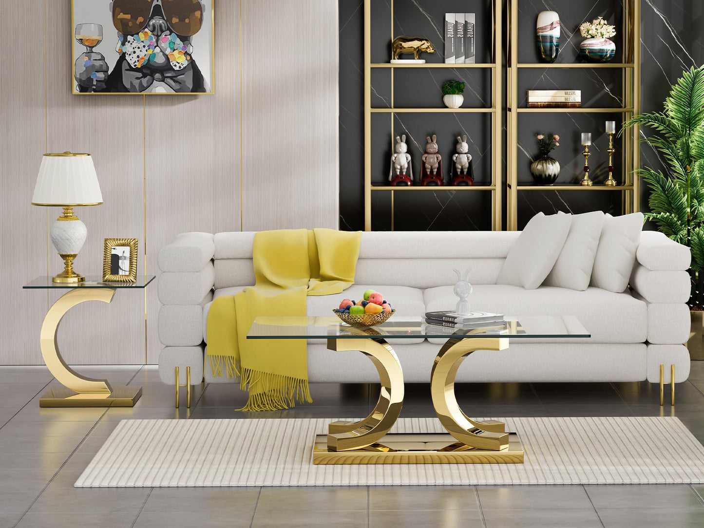 SSLine Modern 1 Piece Living Room Coffee Table Luxury Tempered Glass Coffee Table with C-Shaped Stainless Steel Base for Living Room Bedroom Office (1 Coffee Table)
