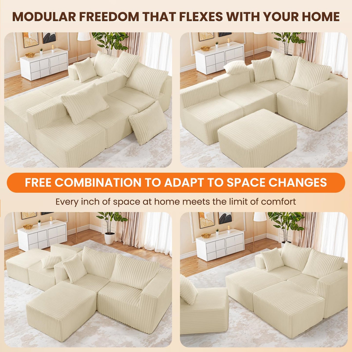 Neioml Modular Sectional Sofa, Cloud Comfort Couch,Extra-Wide Deep Seats No Assembly, Minimalist Modern Sleeper Sofas for Living Room, Apartment, Soft Plush Corduroy Fabric (Beige, U-Shaped 3+2)