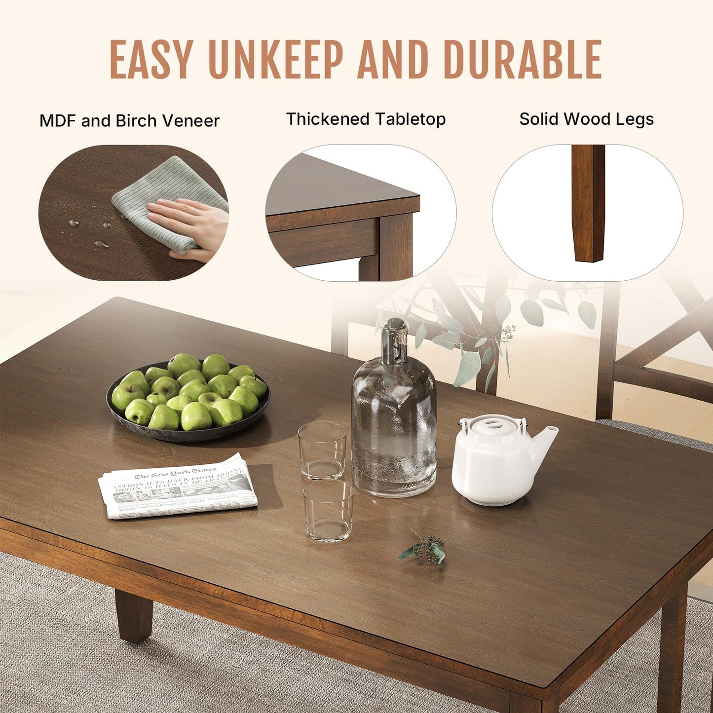 Zevemomo 6-Piece Solid Wood Dining Table Set, Including 1 Dining Table, 4 Upholstered Chairs and 1 Bench, Wooden Dining Table Set for Kitchen, Dining Room, Walnut