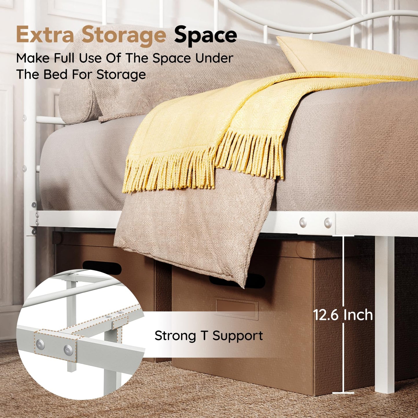 Florise King Size Bed Frame with Headboard,Metal Platform Bed Frame Mattress Foundation with Footboard, Under Bed Storage, Strong Metal Slats Support, No Box Spring Needed, White