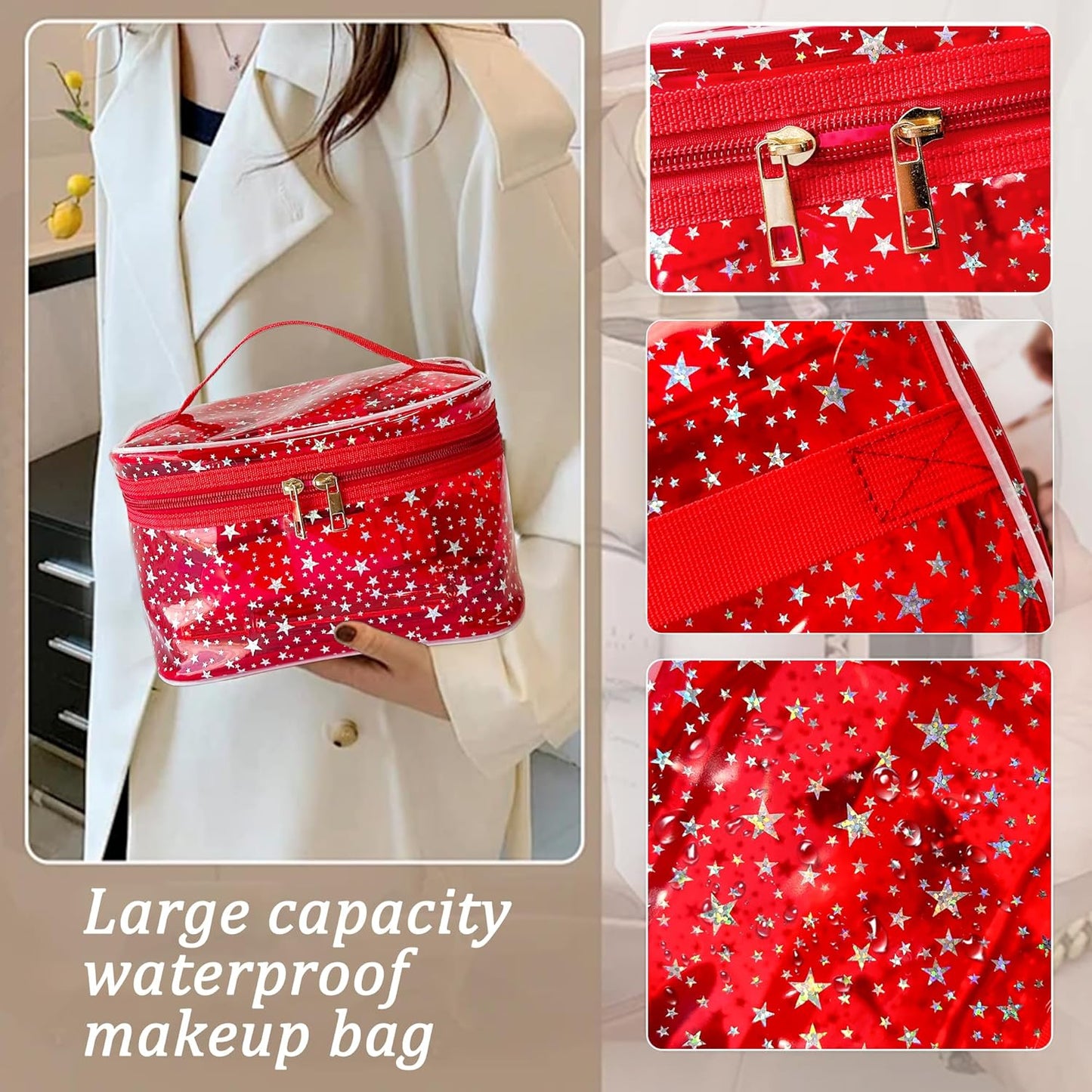 Holographic Makeup Bags Bulk,Clear Storage Bag Toiletry Pocket Portable Zippered Iridescent Pouch Waterproof Cosmetic Gift Bags for Women (White-L)