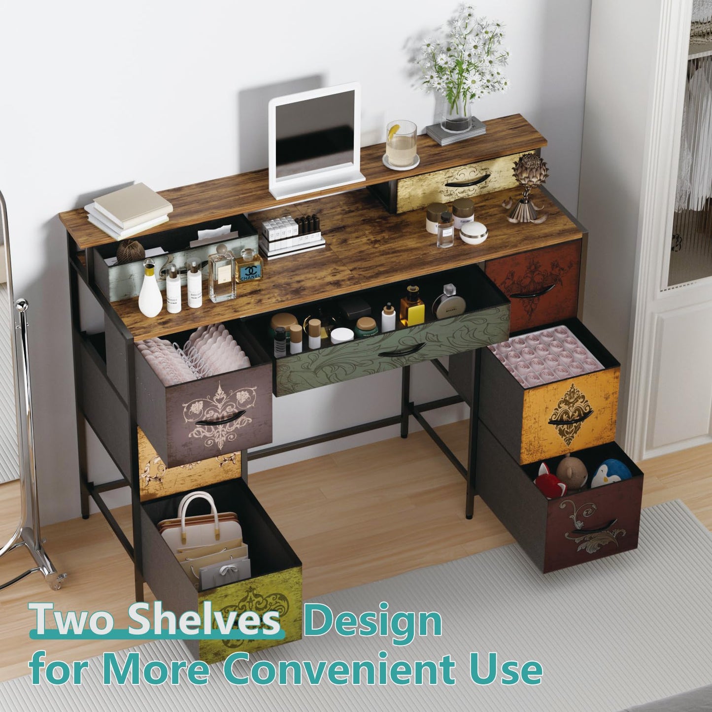 VASICAR Dresser for Bedroom with 9 Drawers & 2 Open Shelves, Fabric Storage Cabinet, Chest of Drawers, Long Dresser for Closet, Wooden Top & Metal Frame, Pattern