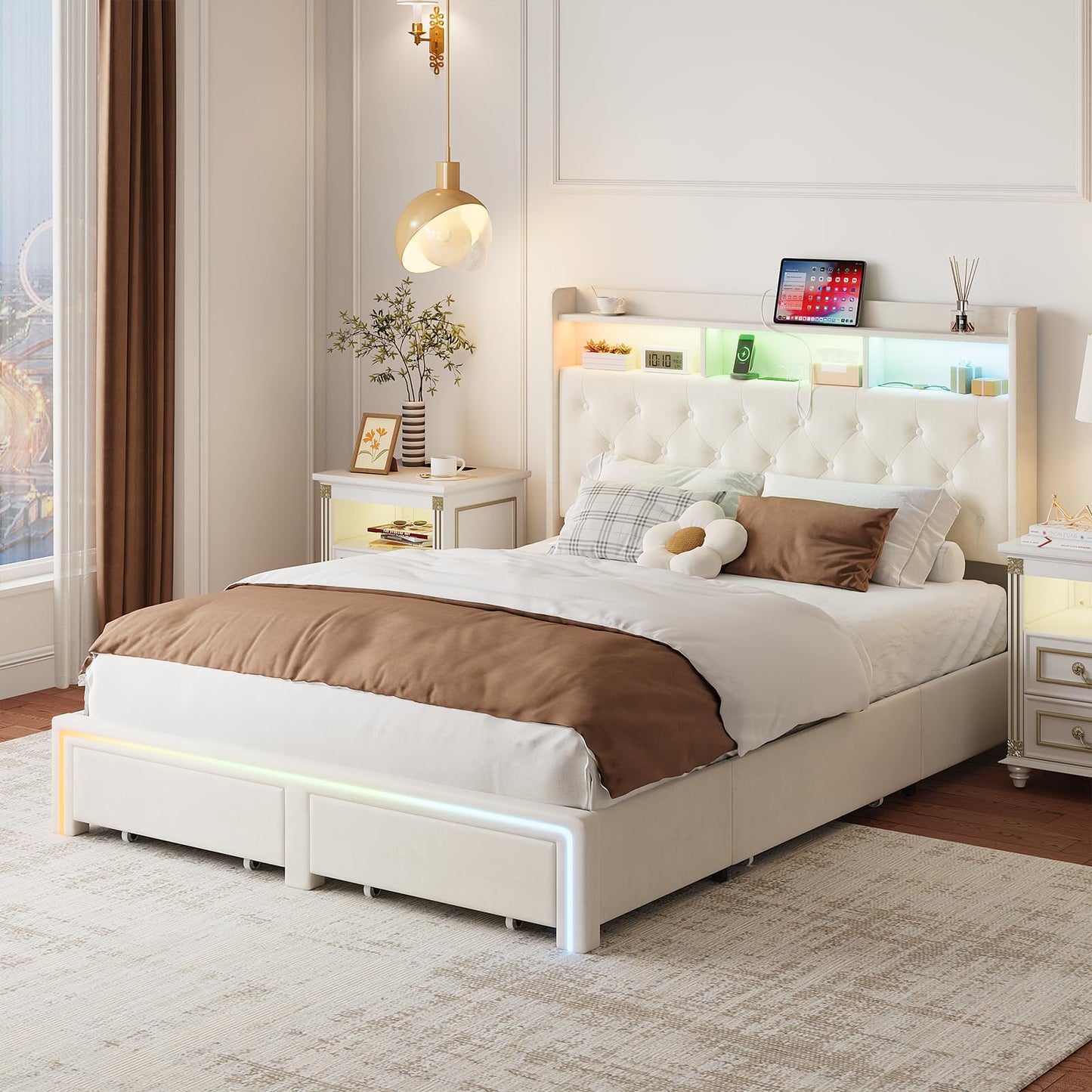 VINTLJUS Queen LED Bed Frame with Storage Headboard & Charging Station, Velvet Fabric Platform Bed Frames with 4 Drawers, No Box Spring Needed, Button Tufted Upholstered, Beige