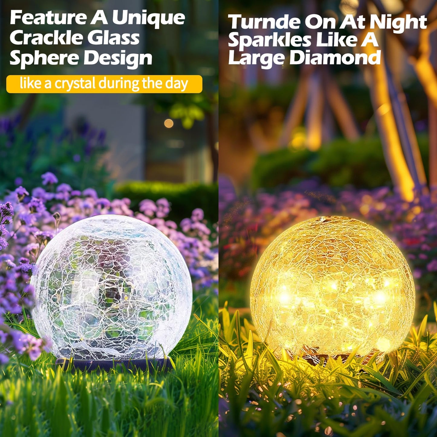 Garden Solar Ball Lights Outdoor Waterproof, 80 LED Cracked Glass Globe Solar Power Ground Lights for Path Yard Patio Lawn, Christmas Decoration Landscape Warm White(2 Pack 5.9'')