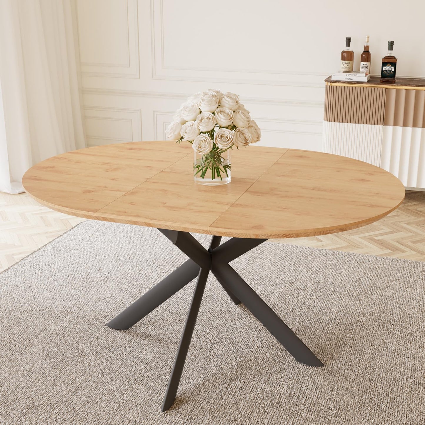 HIPIHOM 43.2"-59.1" Extendable Round Dining Table, Mid Century Modern Wooden Round Table, Leisure Oak Coffee Table,Saving Space