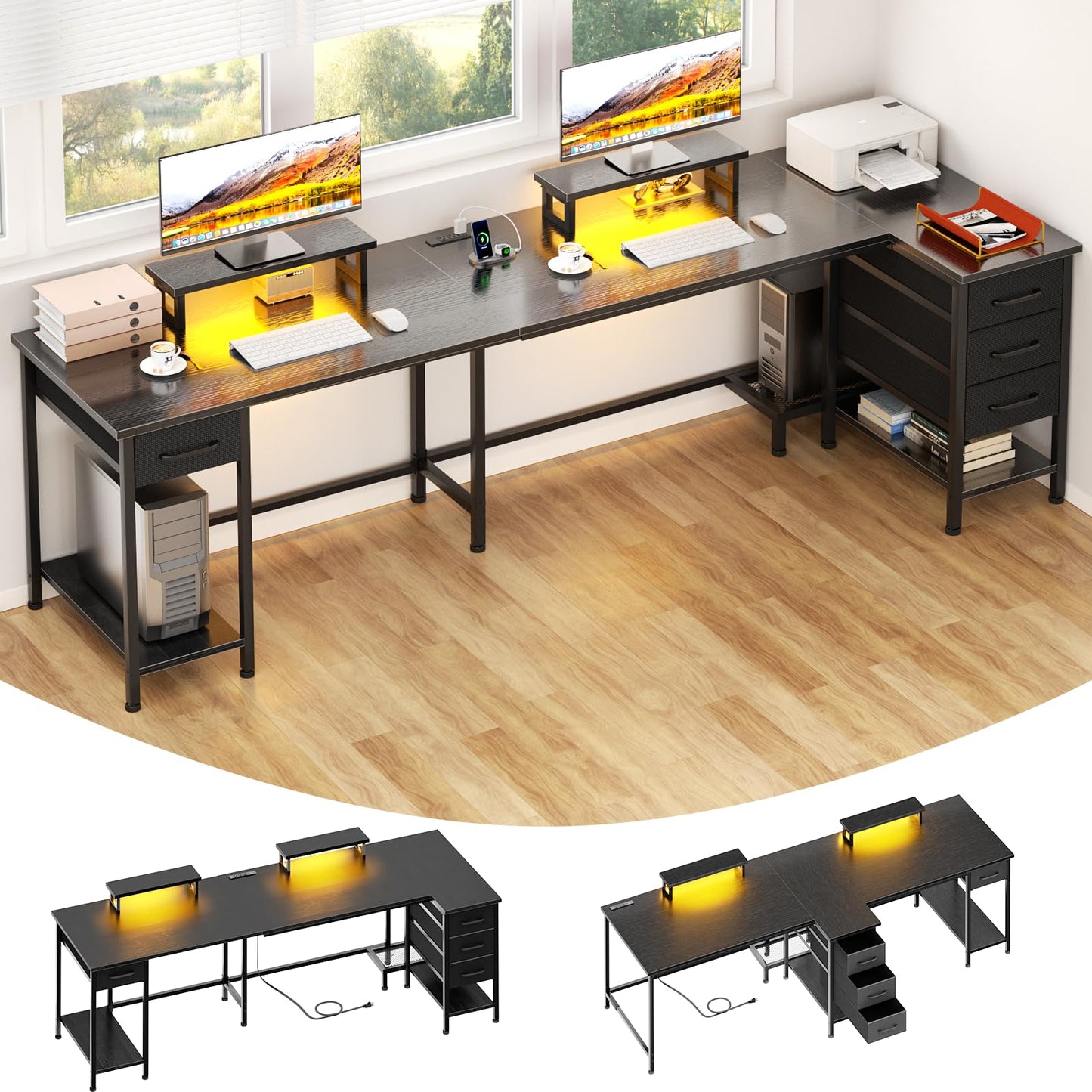Korfile 93" Two Person Office Desk, Long Computer Gaming Desk with Power Outlets & LED Lights, Large Home Office Desk with 4 Storage Drawers & 2 Monitor Stand for Work Writing Study