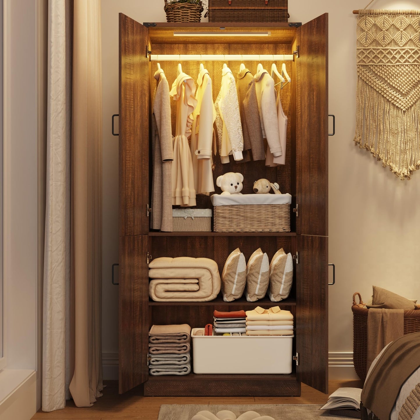 Hlivelood 75" Tall Farmhouse 2 Doors Armoire Wardrobe Closet with LED,Freestanding Closet Wardrobe Cabinet for Bedroom with Hanging Rod,Wooden Armoire Storage Cabinet with Adjustable Shelves(Brown)