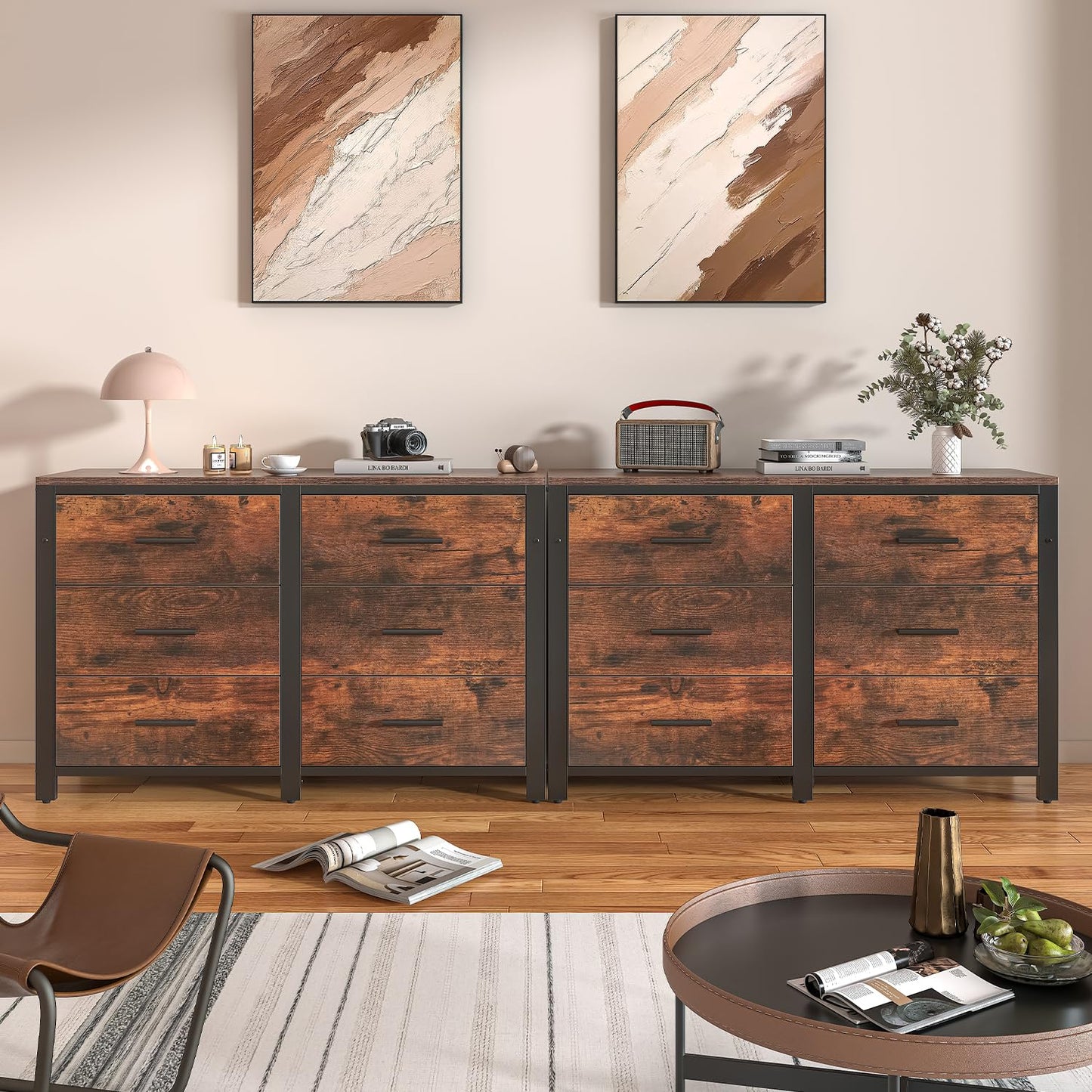 Frmobepts Rustic Brown Dresser for Bedroom, Wide Wood Dressers Furniture with 6 Wooden Drawer and Metal Frame, TV Stand with Deep Drawer (Rustic Brown)
