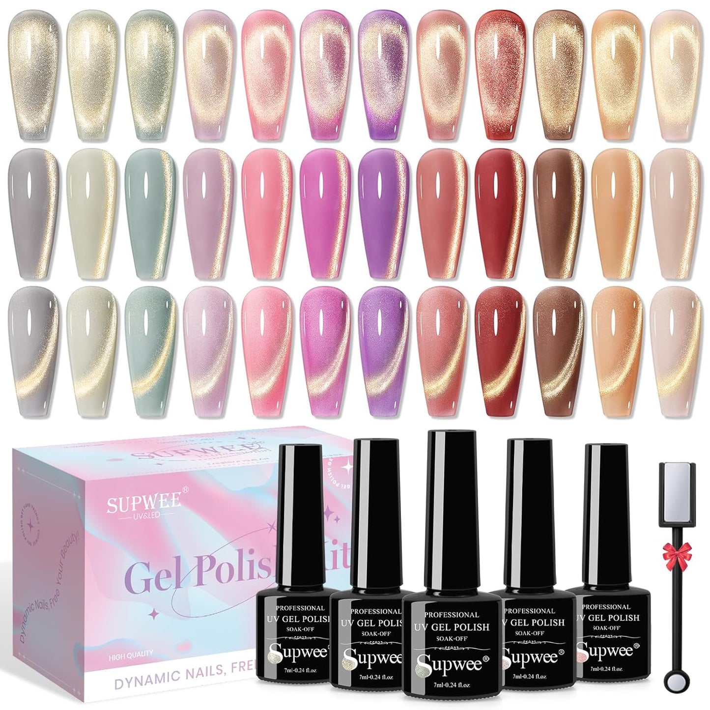 Cat Eye Gel Nail Polish Set,12 Colors Gold Glitter Holographic CatEye Gel Polish with Magnetic Stick,Sliver Brown Pink Red Cat Eye Soak Off UV DIY Home Salon Manicure