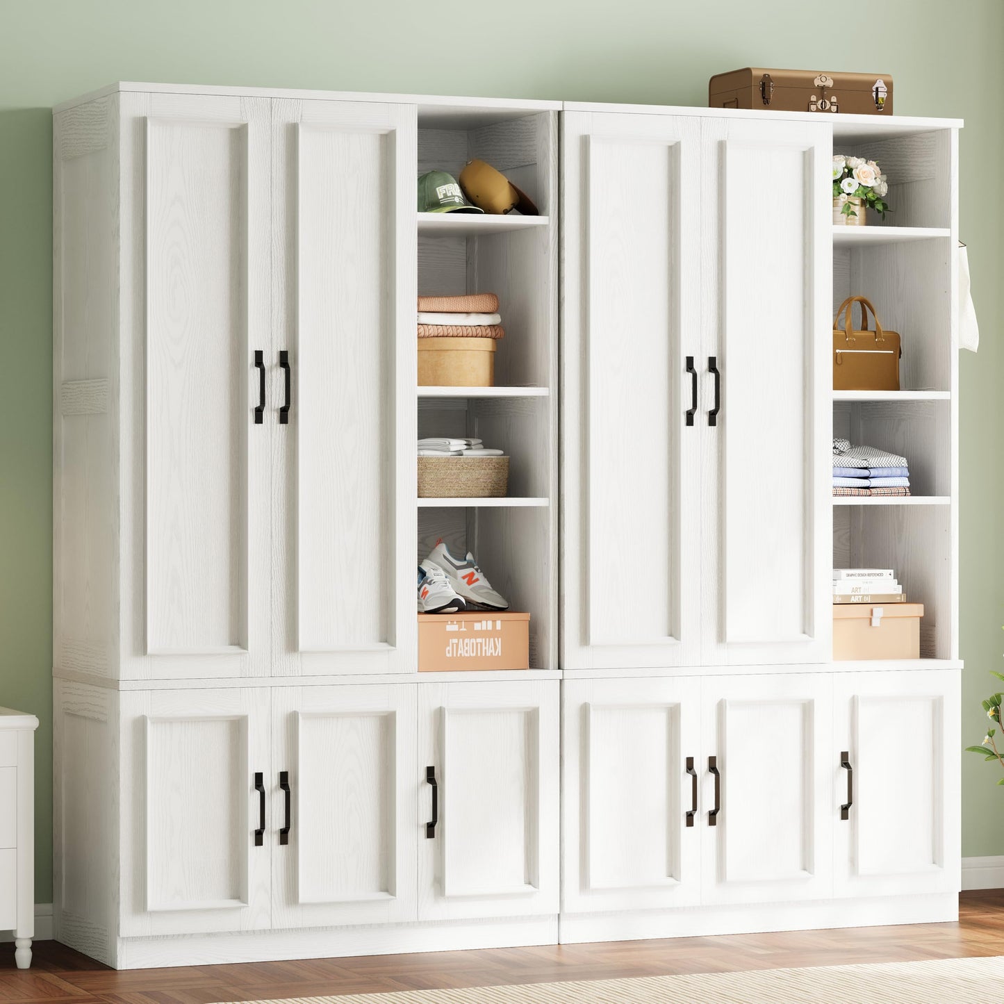 LIKIMIO Armoire Wardrobe Closet 70" H, 5 Doors Bedroom Wooden Wardrobe with 4 Storage Shelves and Hanging Rod, Clothing Storage Cabinet Organizer Combination, White