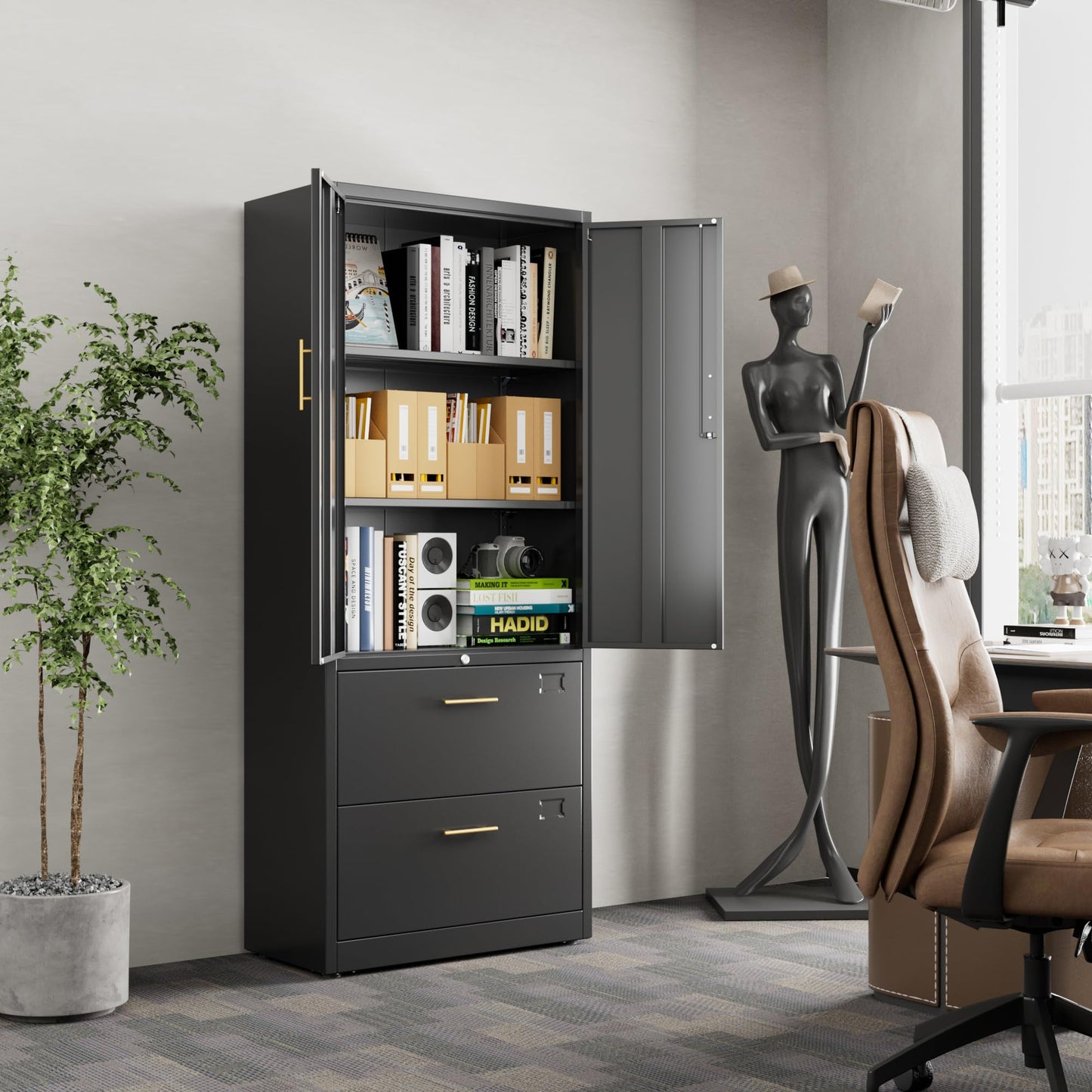 Reemoon Office File Cabinet with 2 Drawers,Metal Filing Cabinet with Doors for Home Office School for Hanging Letter/Legal/F4/A4 Size Folders,Required Assembly,Black