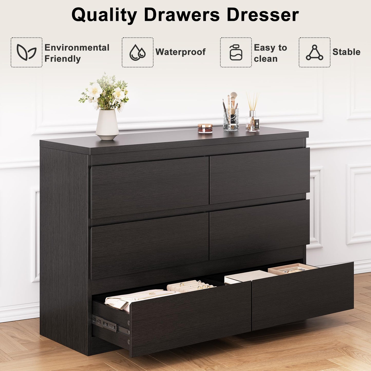 Jocoevol Black 6 Drawer Dresser for Bedroom, 15.3" D x 47.2" W x 32.3" H in Simply Modern Chest of Drawers, Wood Storage Double Dresser with Deep Drawers for Living Room, Hallway Entryway, Black