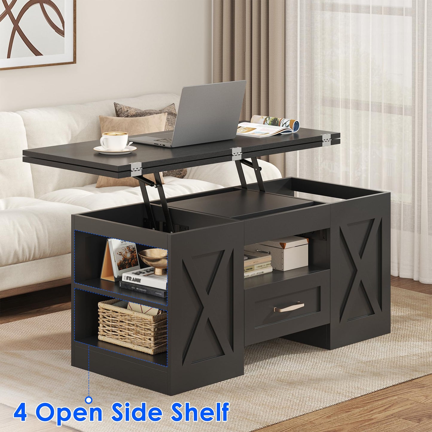 Nosepen Coffee Table, 39.37" Lift Top Coffee Table with Drawer & Open Storage Shelves, Large Rectangular Farmhouse Living Room Table, Center Table for Living Room, Home Office, Espresso, Black