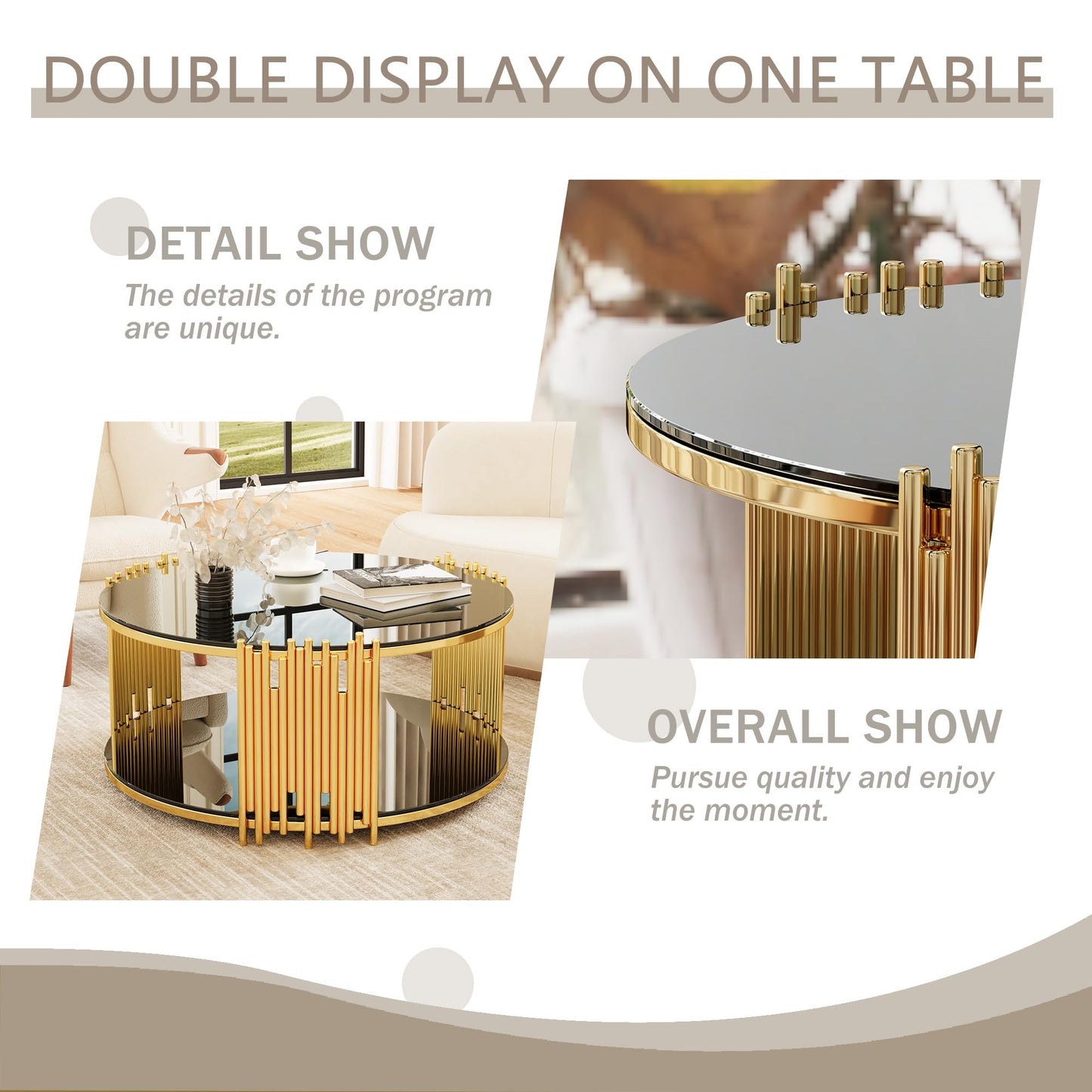 KUVADAZ Round Coffee Table with Gold Stainless Steel Base, 2-Tier Black Glass Coffee Table Center Table, Modern Coffee Table Circular Living Room Table Cocktail Tables, Circle Center Tables