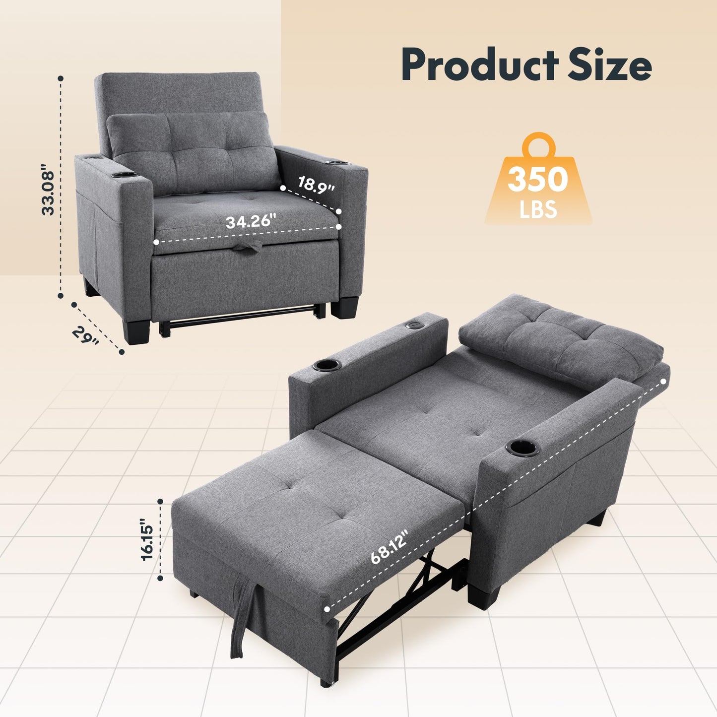 FLEXISPOT Sleeper Chair Bed with USB Ports & Cup Holders, 3-in-1 Convertible Sofa Bed for Living Room, Pull-Out Recliner Chair with Pillows, Adjustable Backrest, Small Space Furniture (Gray)