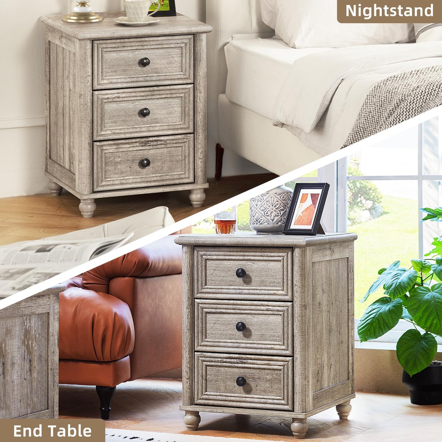 RWYHG 18" Farmhouse Night Stand Set of 2, Gray Wood Nightstand with 3 Drawers, Bedside End Table with Storage and Roman Column, Bed Side Tables Cabinet for Bedroom, Living Room, and Closet