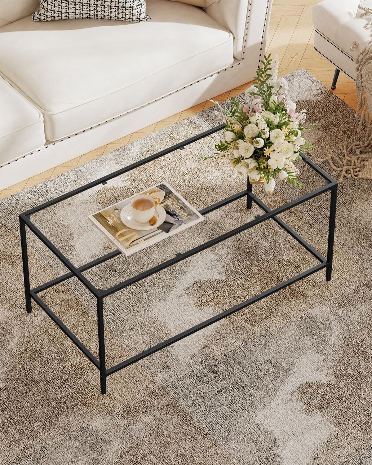 Homleke Glass Coffee Table, Modern Rectangular Coffee Table for Living Room, Minimalist Center Tea Table with Sturdy Metal Frame for Apartment, Office, Easy Assembly, 39.4 x 19.7 x 17.7 Inches, Black