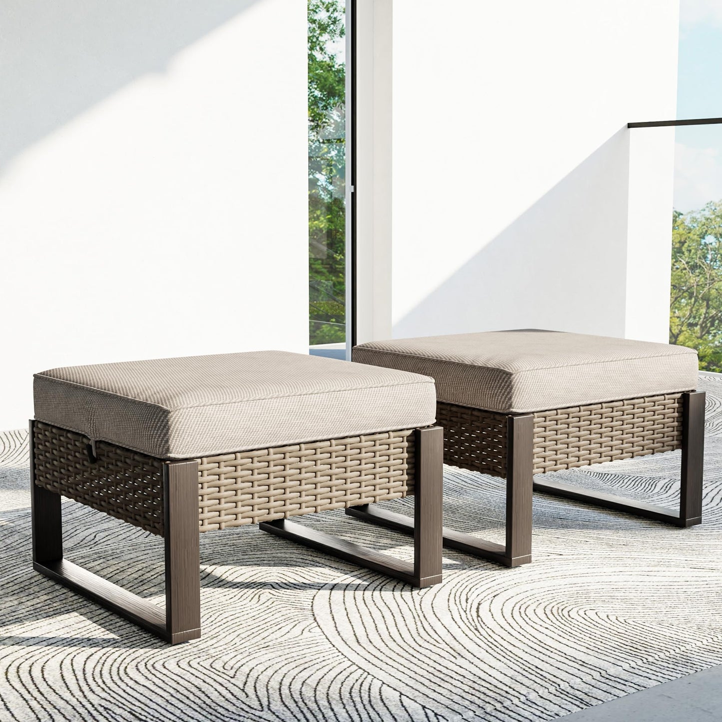 MaxMulti Patio Ottomans Set of 2, Outdoor Wicker Footrest with Thickened Cushions, Multipurpose Metal Patio Furniture for Outdoor, Backyard and Deck Use (Beige)