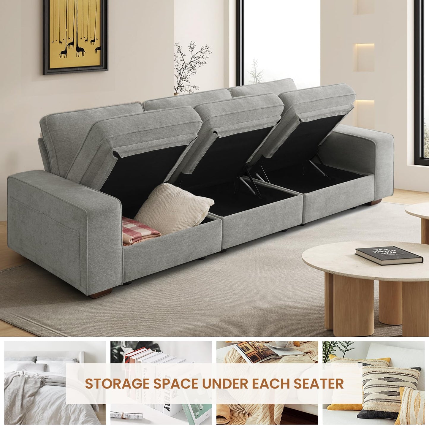 KIMOLST 100in Modular Couch for Living Room, Deep Seat Fabric Sofa with Storage, Removable Cover, 3-Seater, Grey