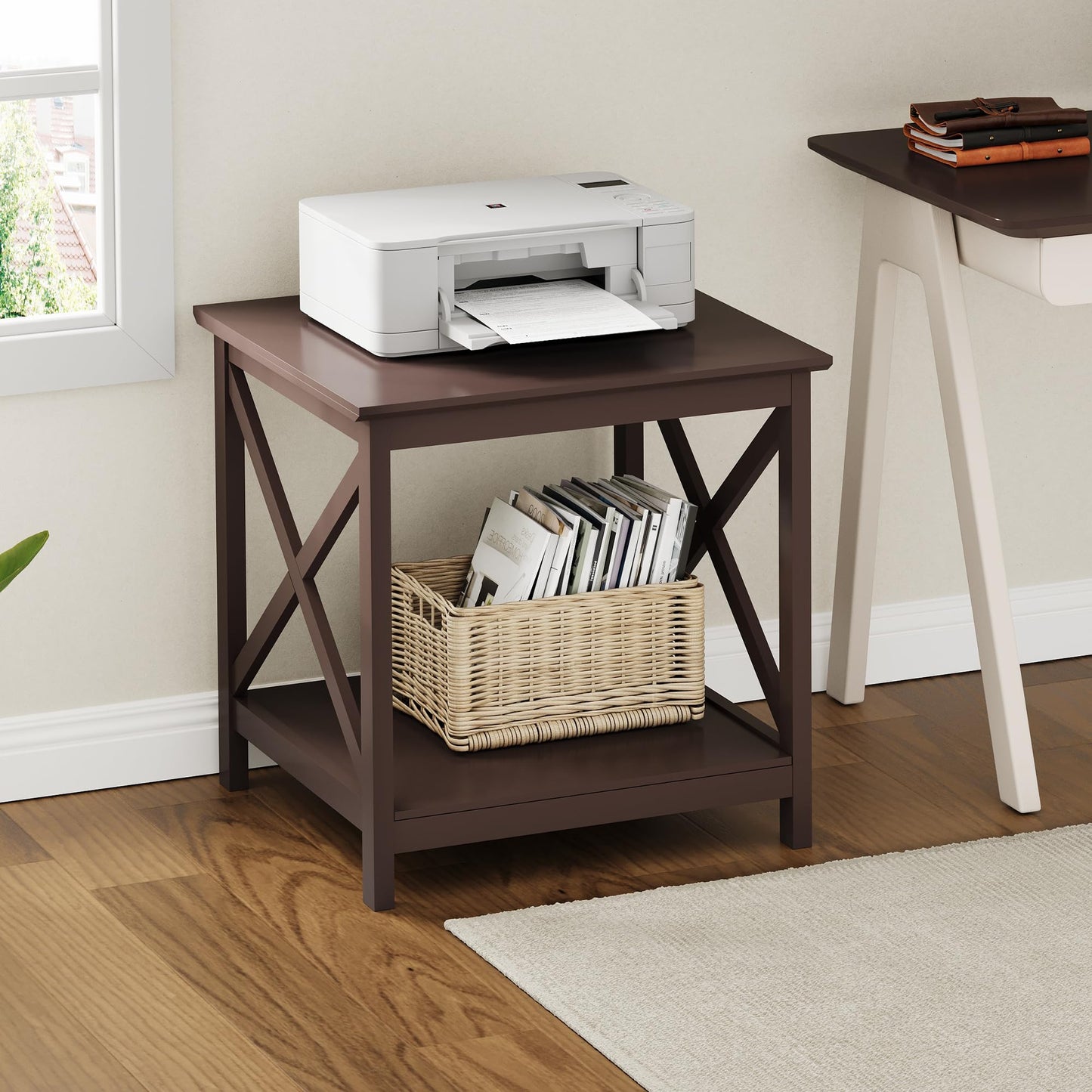 ChooChoo End Table, 24 Inch End Table with 2-Tier Storage Shelf, Side Table for Living Room, Wood Nightstand for Bedroom, Office, Painted Surface, Espresso