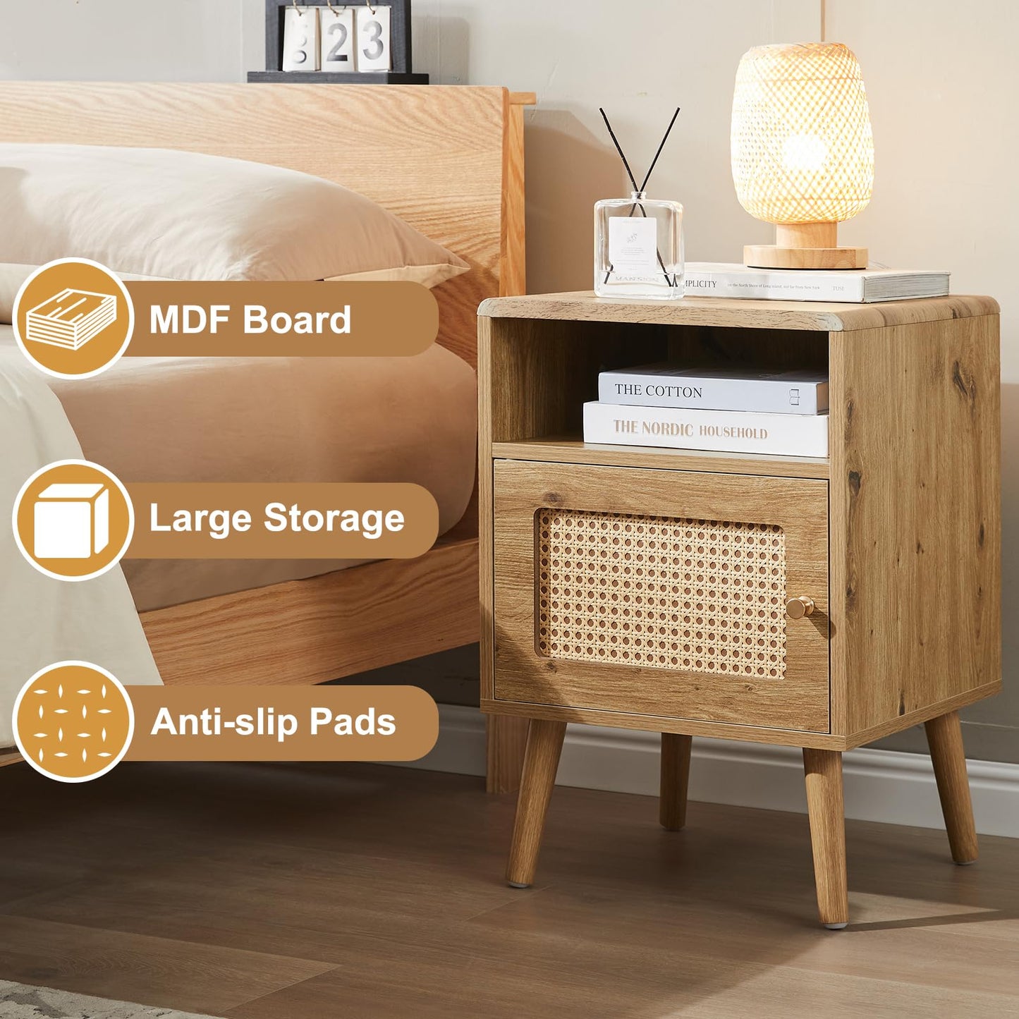 Noskatu Nightstands Set of 2,Night Stand with Rattan Decor Door,16" Modern Side Table with Curved-Top,Bedside Table with Wood Legs and Anti-Slip Pads for Bedroom,Living Room,Nature Wood