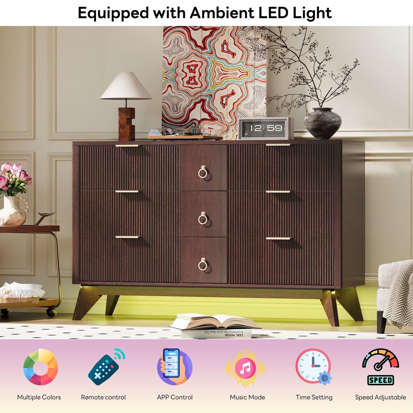 LIKIMIO Dresser for Bedroom 9 Drawers with LED Light, 55" Wide Fluted Chest of Drawers, Wood Closet Organizer, TV Stand for Living Room, Walnut